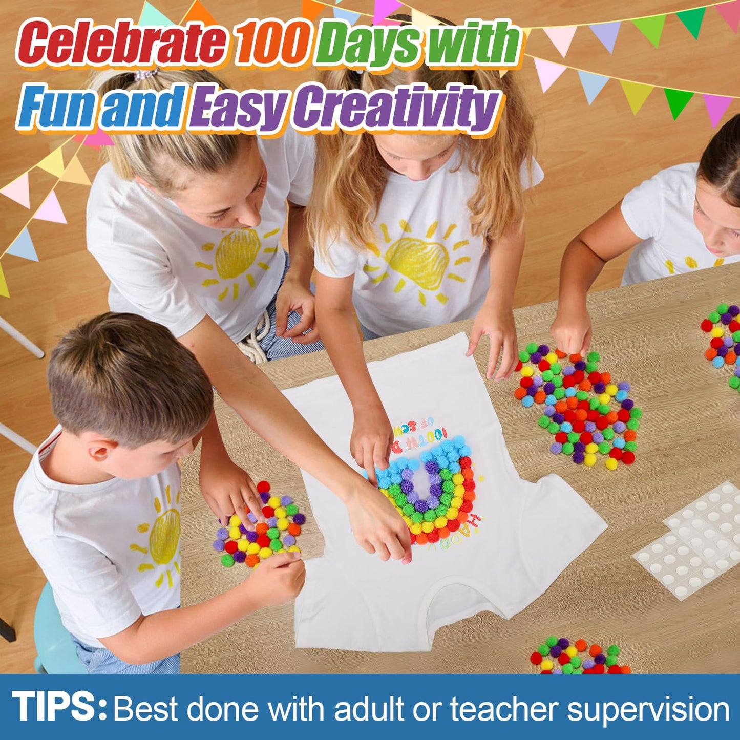 Cosweet 100th Day of School DIY T-Shirt Kit — Rainbow/Clown Design with Colorful Pom Poms & Adhesive Circles (Ages 3–10)
