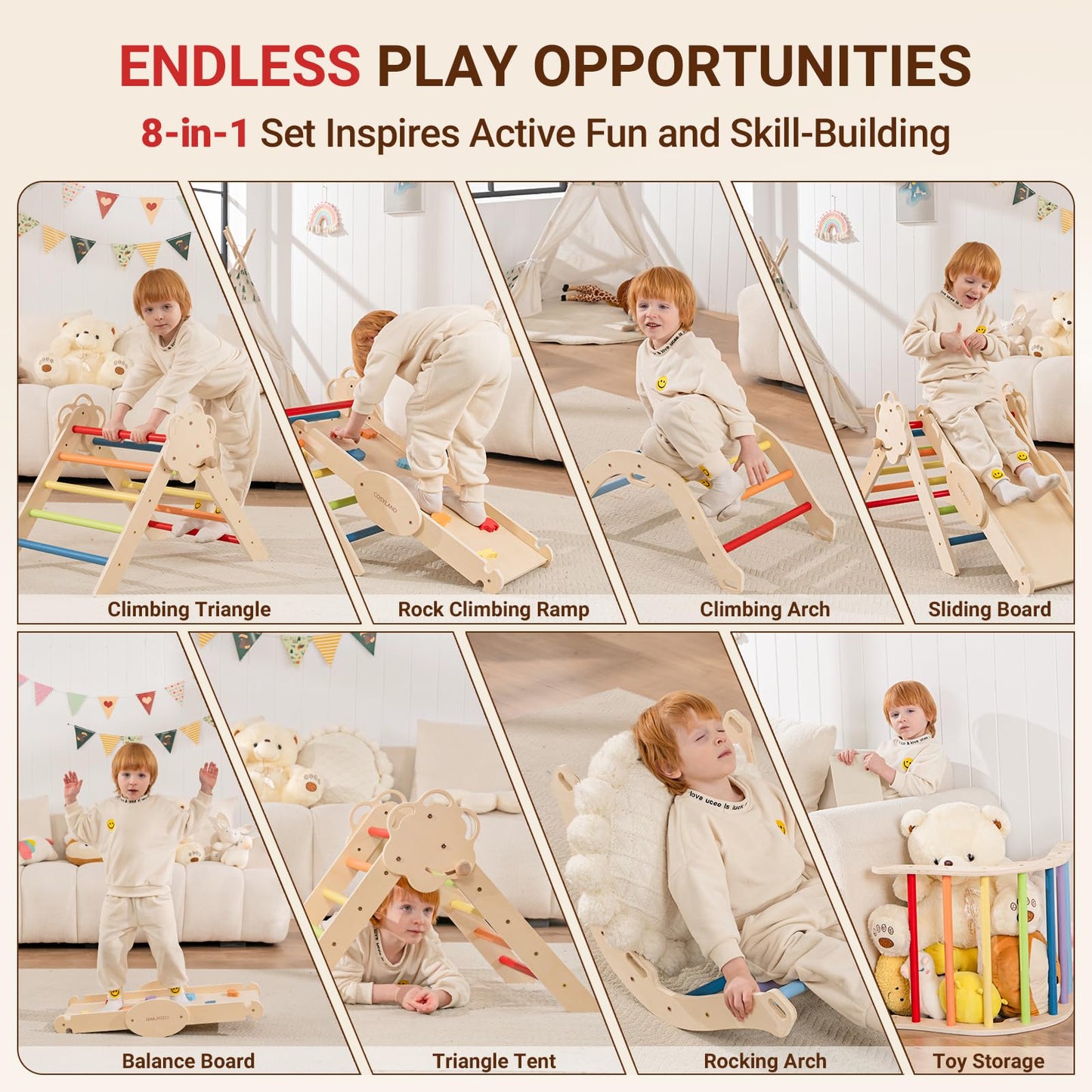 COSYLAND Pikler Triangle Set - 8-in-1 Foldable Wooden Climber for Toddlers (18M-3Y) | ASTM Certified