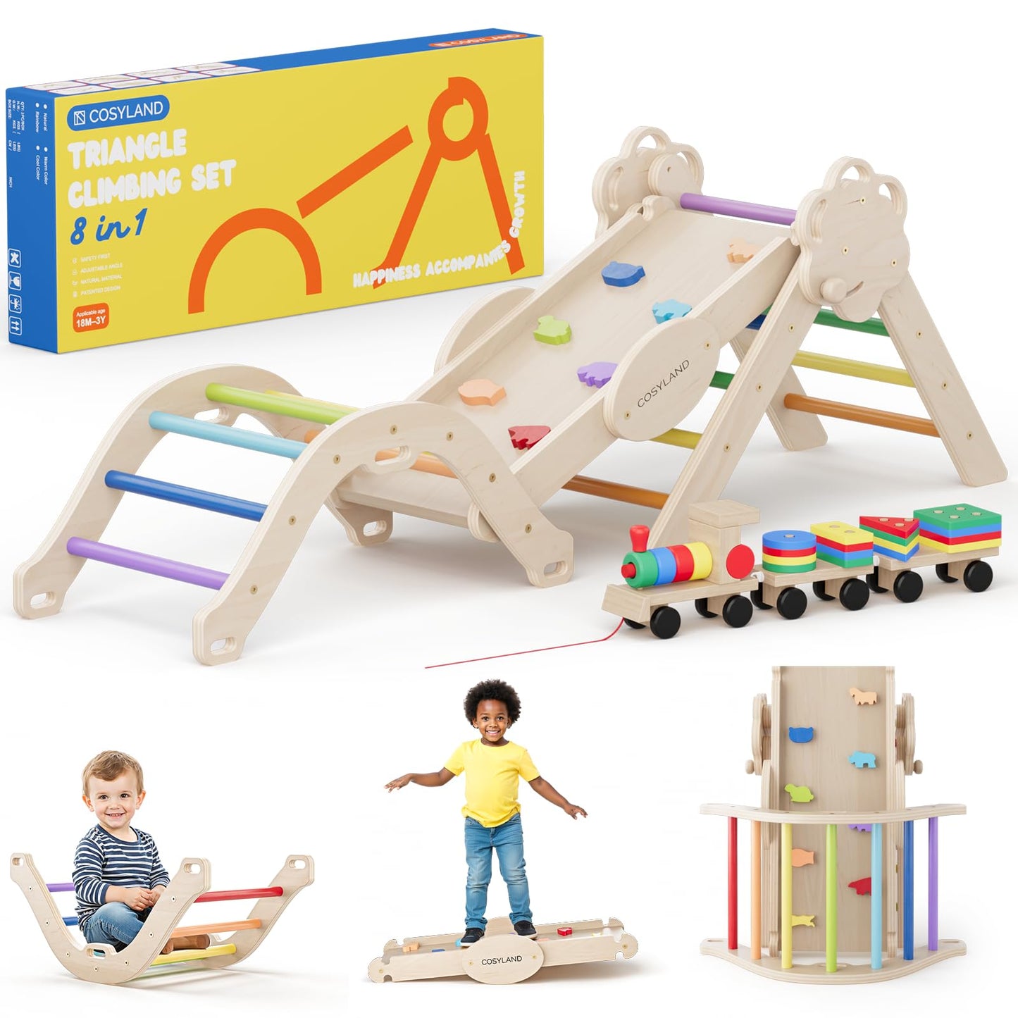 COSYLAND Pikler Triangle Set - 8-in-1 Foldable Wooden Climber for Toddlers (18M-3Y) | ASTM Certified