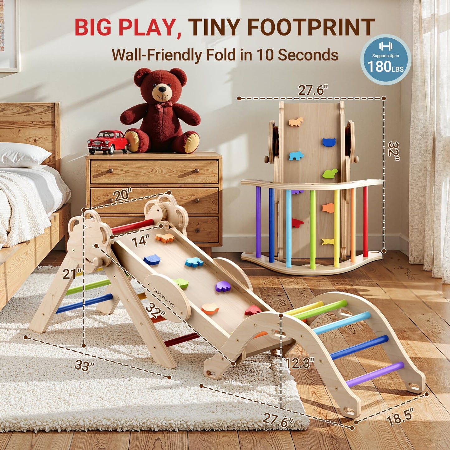 COSYLAND Pikler Triangle Set - 8-in-1 Foldable Wooden Climber for Toddlers (18M-3Y) | ASTM Certified