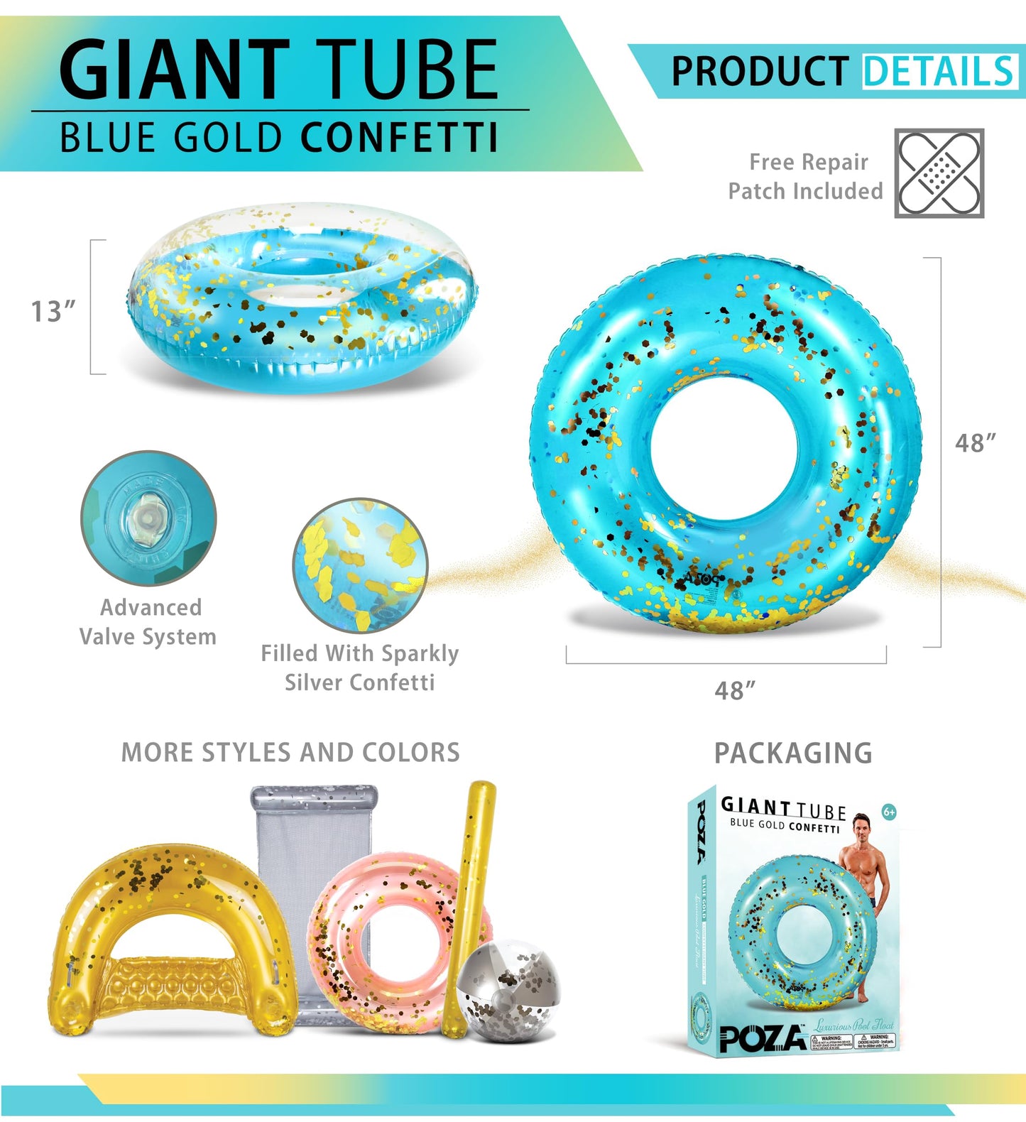 CoTa Global Giant Blue Pool Float Tube with Gold Confetti — 48 Inches