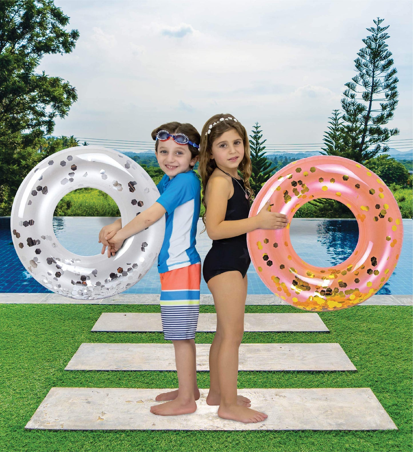 CoTa Global 4-Pack Kids Inflatable Pool Floats – Glitter Confetti Rings in Pearl, Silver, Rose Gold & Gold | 23”