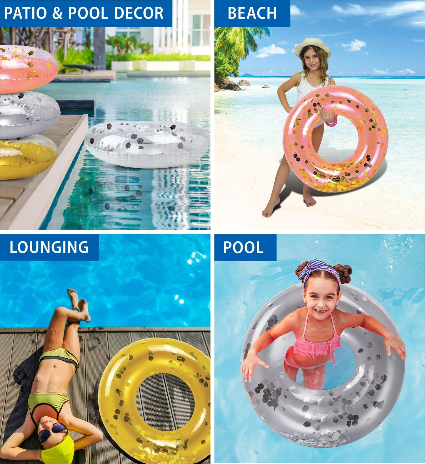 CoTa Global 4-Pack Kids Inflatable Pool Floats – Glitter Confetti Rings in Pearl, Silver, Rose Gold & Gold | 23”