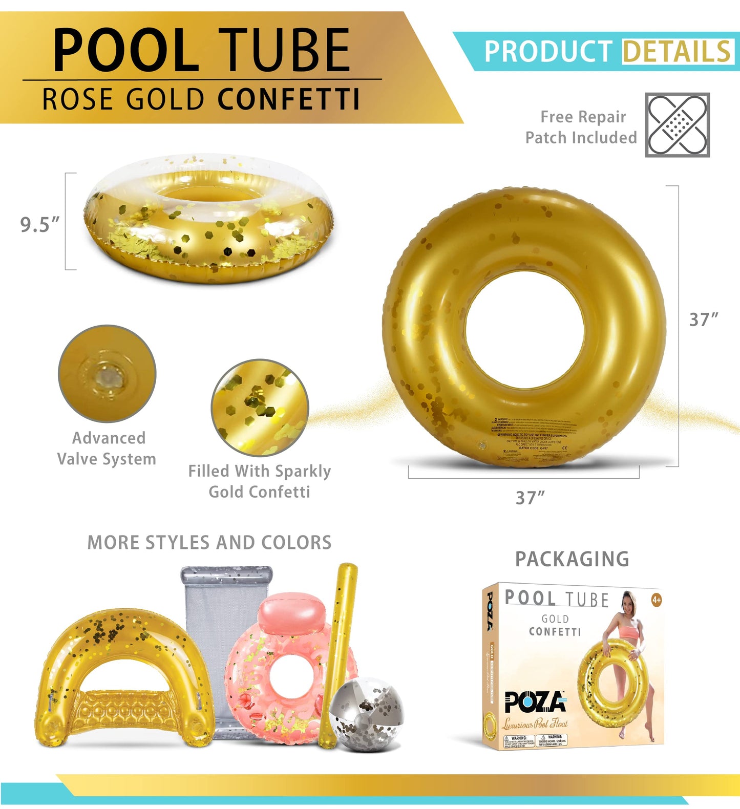 CoTa Global POZA Gold Confetti Inflatable Pool Float Tube – 36 Inch