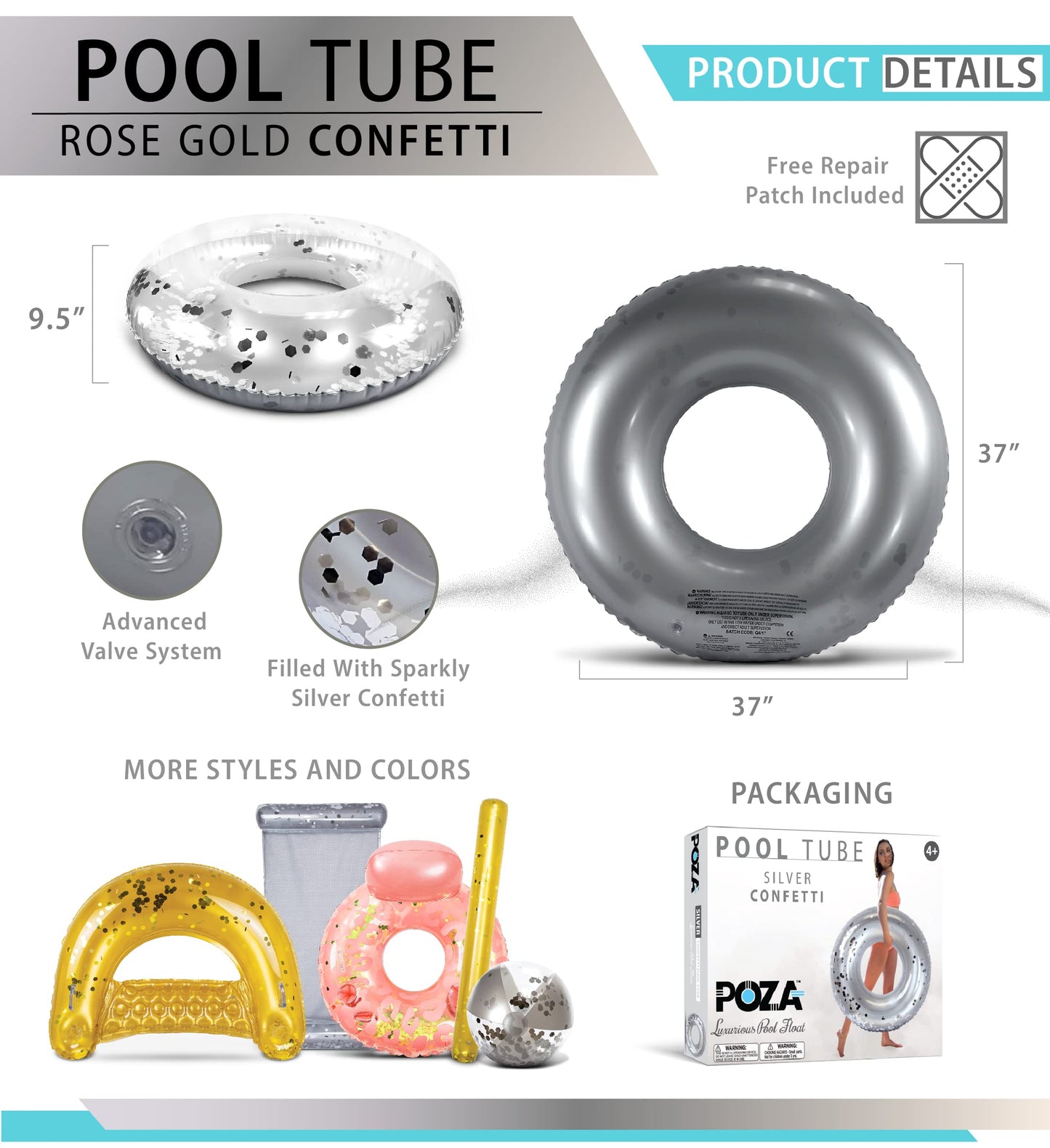 CoTa Global POZA 36-Inch Silver Confetti Pool Float Tube – UV-Resistant, Heavy-Duty