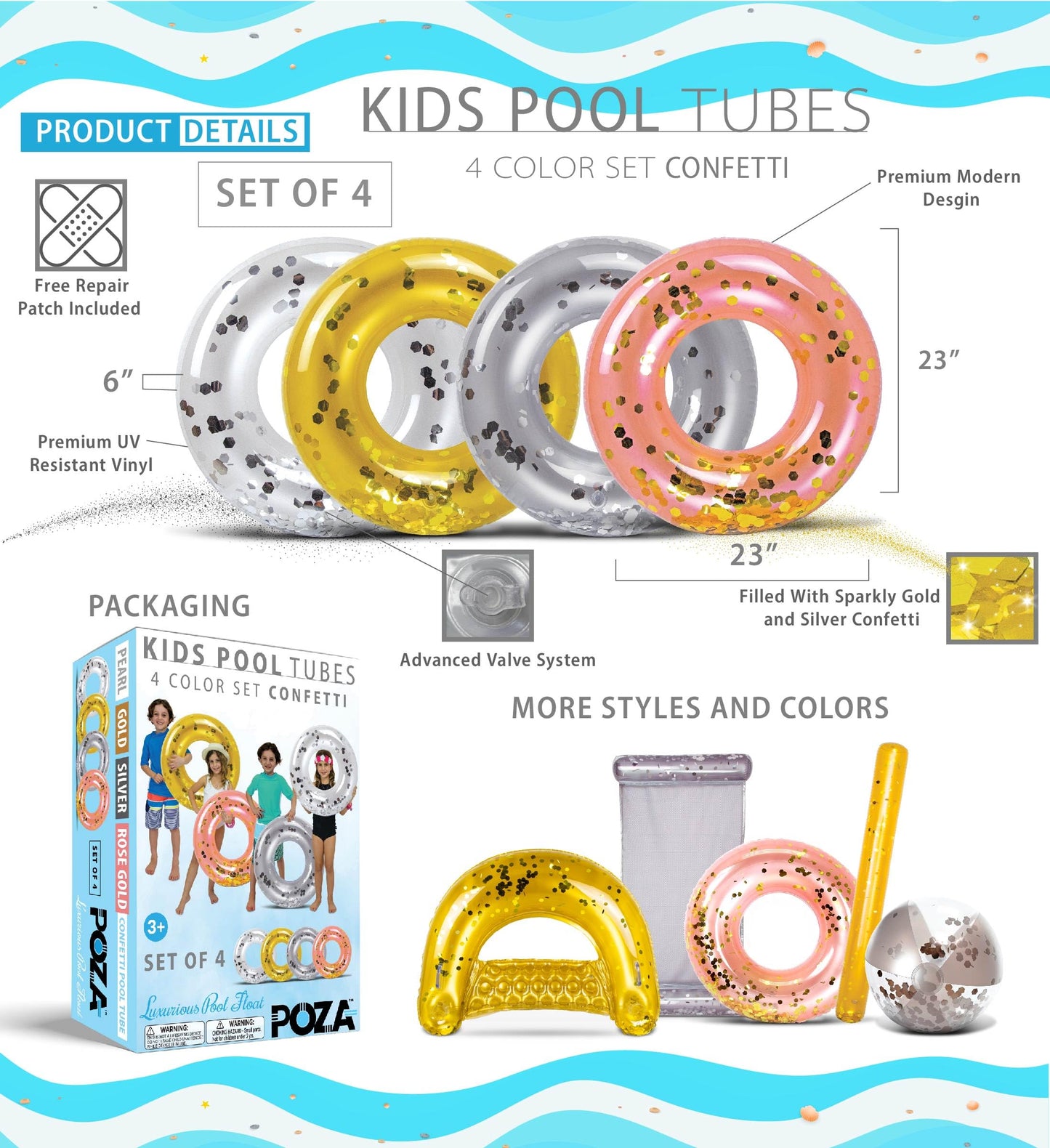 CoTa Global 4-Pack Kids Inflatable Pool Floats – Glitter Confetti Rings in Pearl, Silver, Rose Gold & Gold | 23”