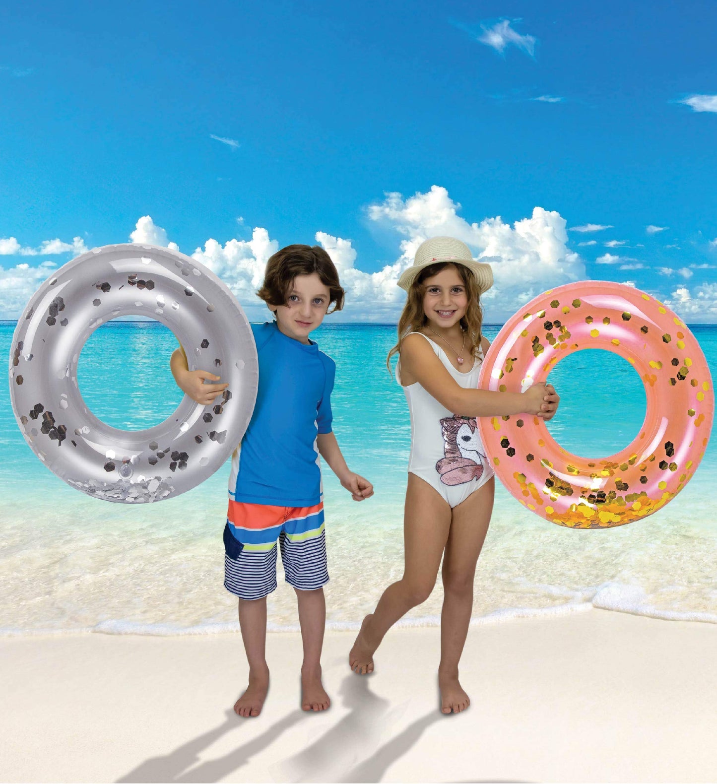 CoTa Global 4-Pack Kids Inflatable Pool Floats – Glitter Confetti Rings in Pearl, Silver, Rose Gold & Gold | 23”