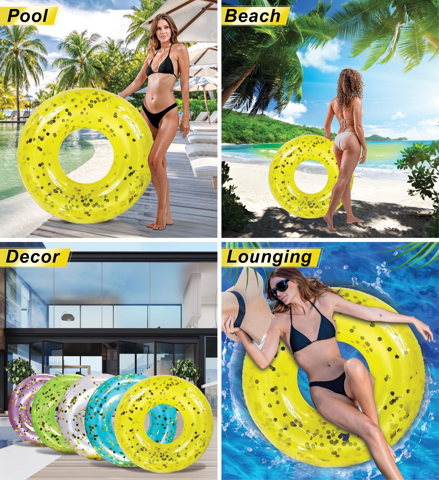POZA Yellow Gold Sparkly Confetti Pool Float Tube – 37-Inch Inflatable Ring for Kids & Adults | CoTa Global