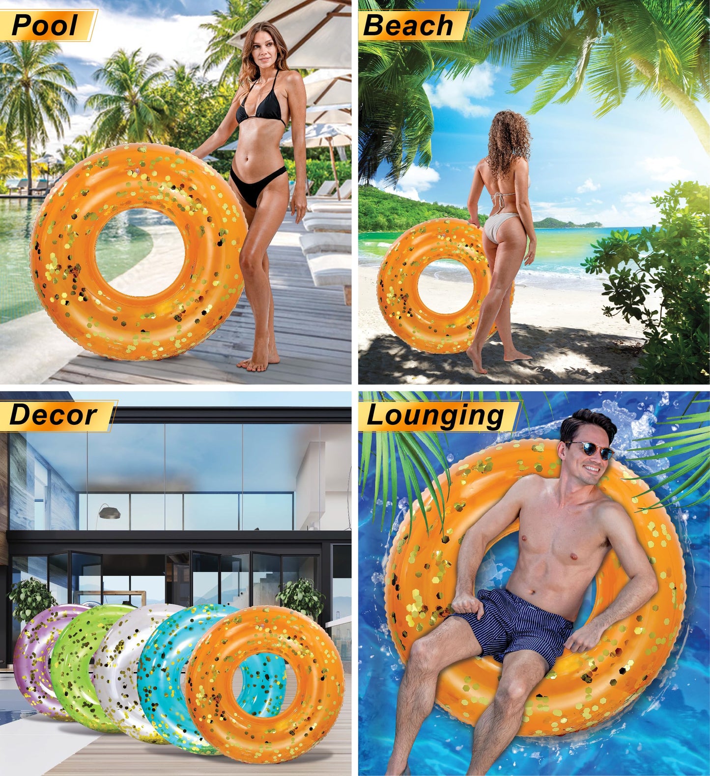 POZA Orange Gold Sparkly Confetti Pool Float Tube | CoTa Global - Premium 36-Inch Ring