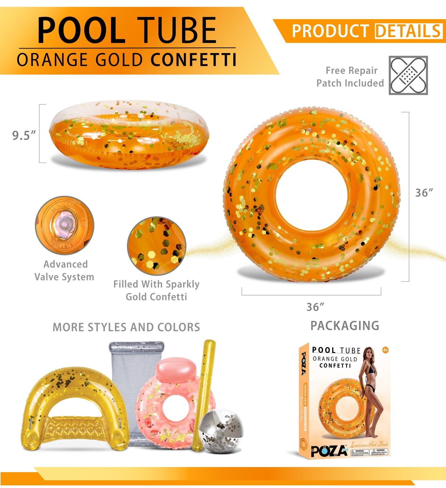 POZA Orange Gold Sparkly Confetti Pool Float Tube | CoTa Global - Premium 36-Inch Ring