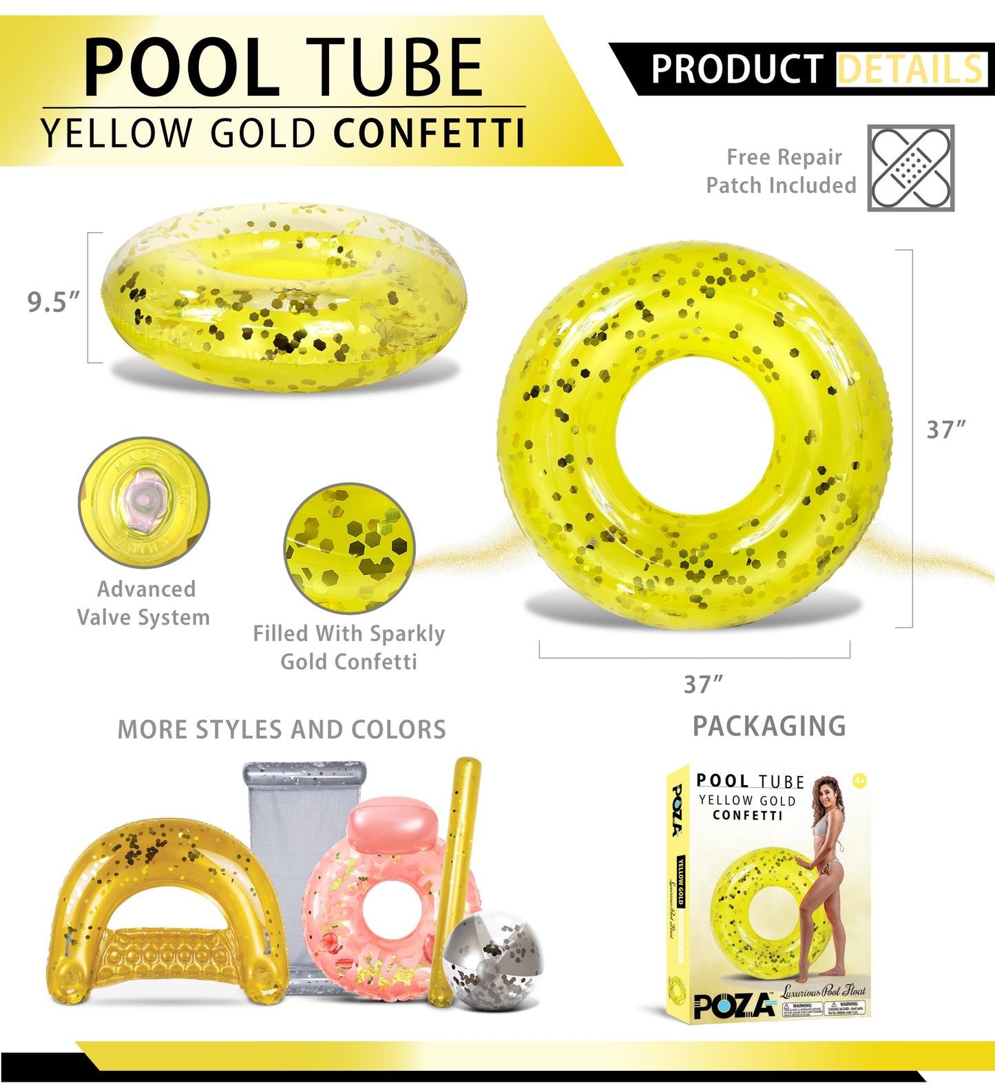 POZA Yellow Gold Sparkly Confetti Pool Float Tube – 37-Inch Inflatable Ring for Kids & Adults | CoTa Global