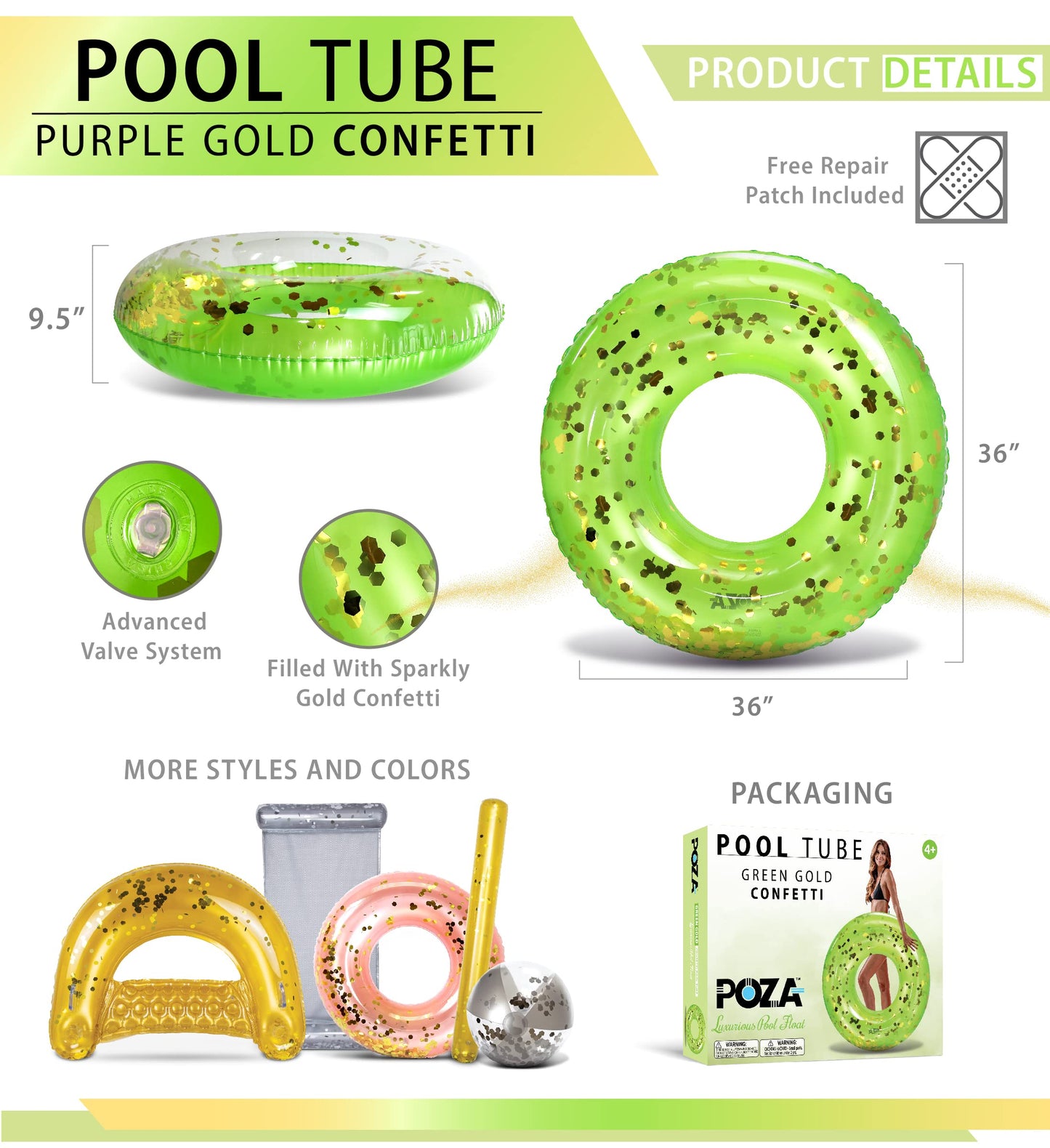 CoTa Global Green Inflatable Pool Float Tube – 36-Inch Confetti Ring for Kids & Adults