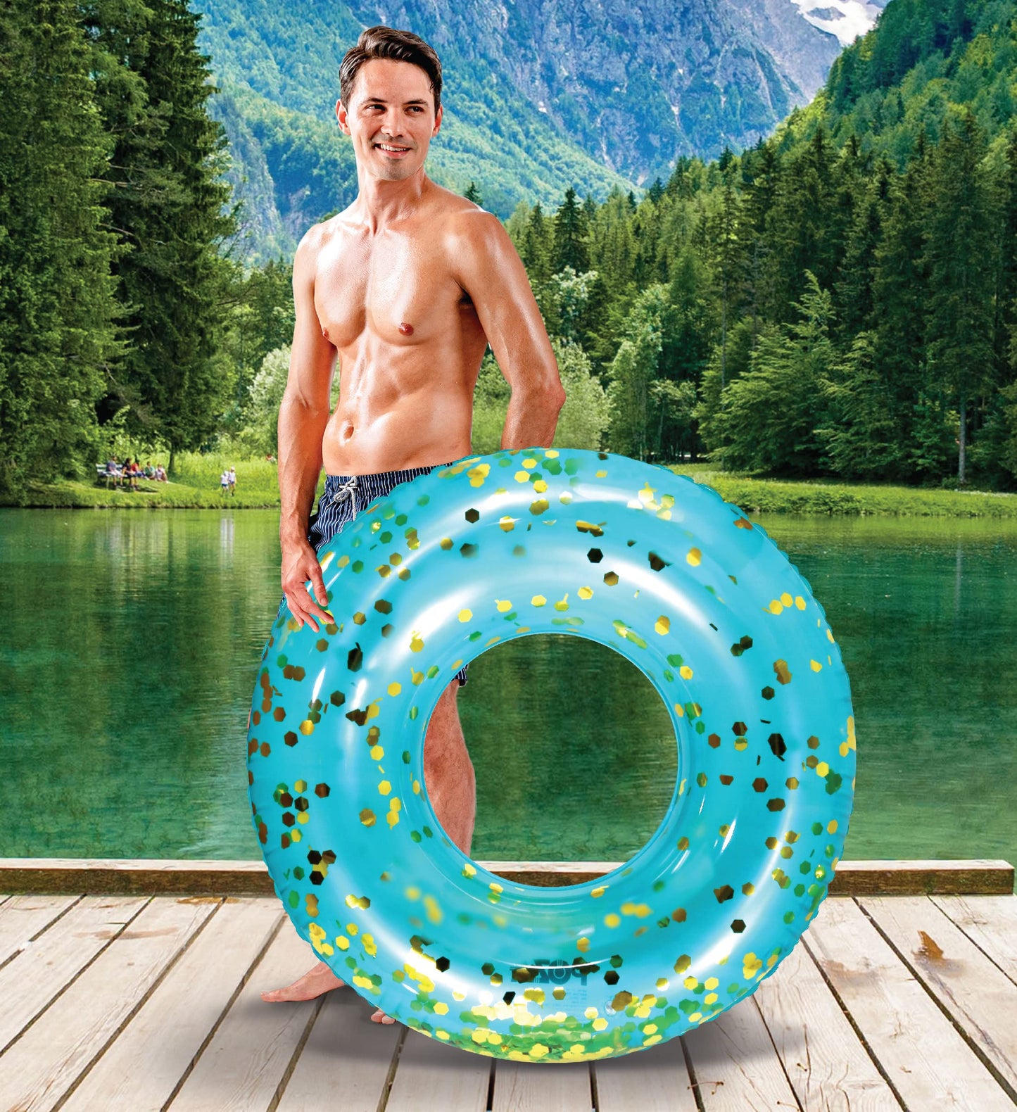 CoTa Global Inflatable Pool Float Tube – Sparkly Blue Gold Confetti Ring for Kids & Adults
