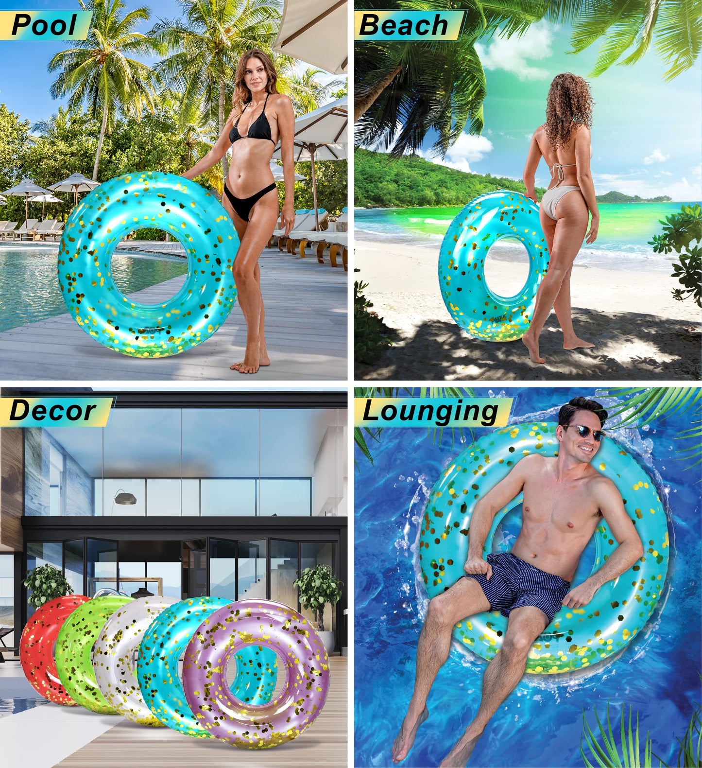 CoTa Global Inflatable Pool Float Tube – Sparkly Blue Gold Confetti Ring for Kids & Adults