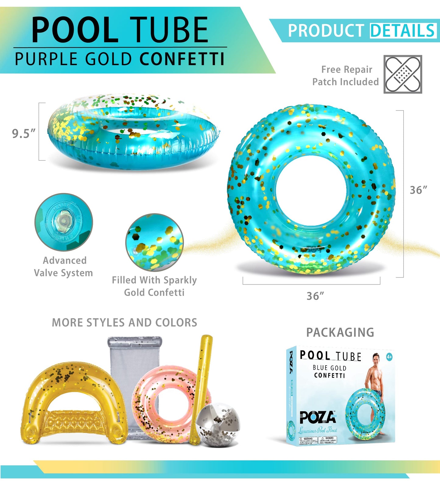 CoTa Global Inflatable Pool Float Tube – Sparkly Blue Gold Confetti Ring for Kids & Adults