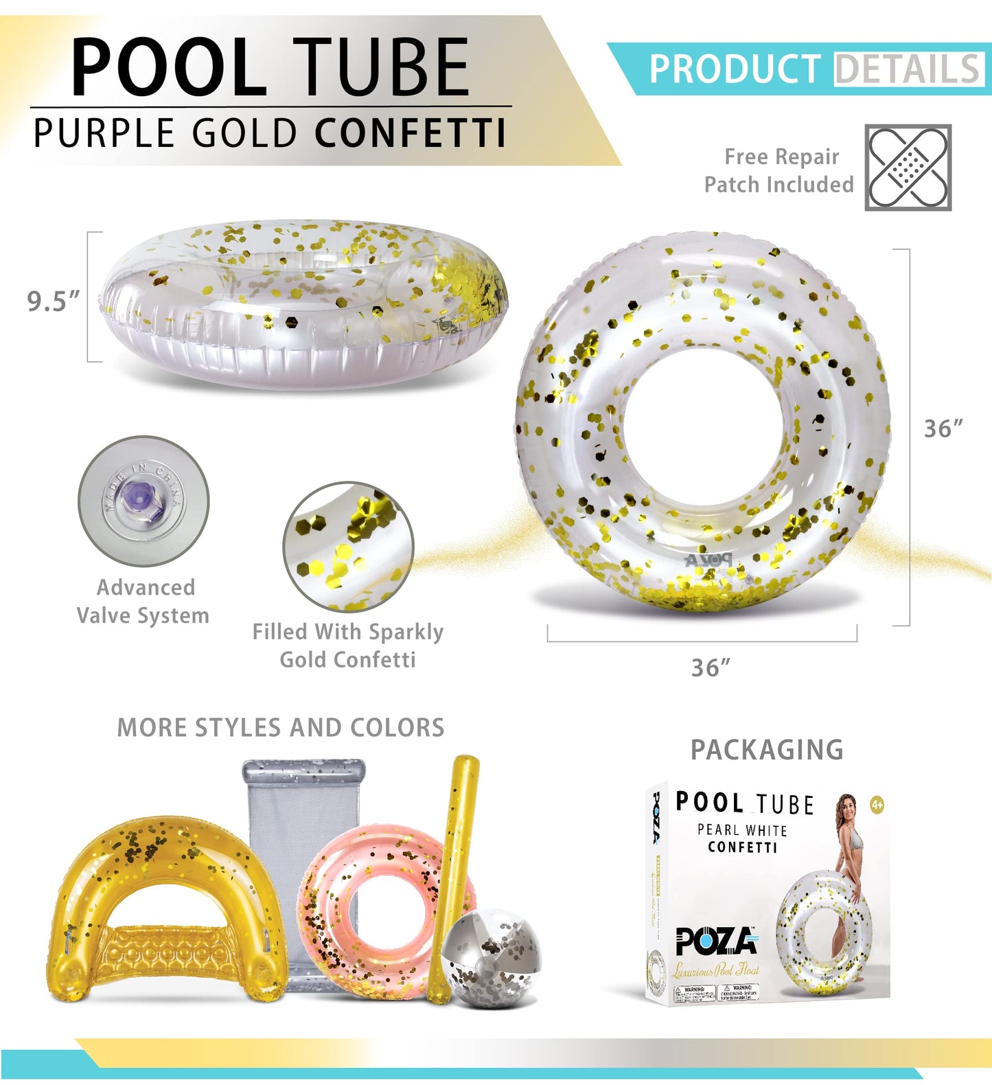 CoTa Global Pearl White Gold Pool Float Tube 36-Inch Luxury Confetti Lounger