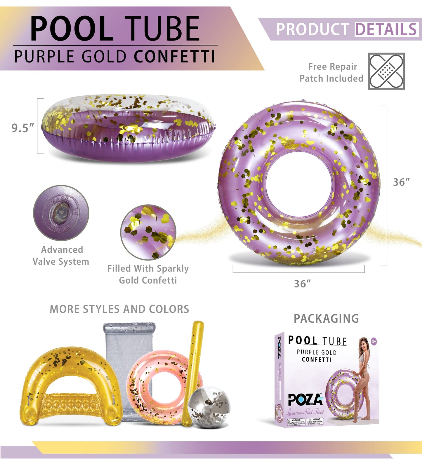 CoTa Global Purple Gold Inflatable Ring Pool Float – Confetti 36in UV-Resistant Lounger