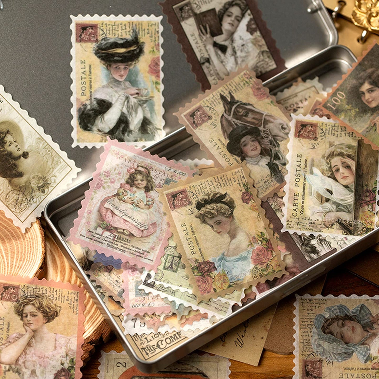 Cotrida 60pcs Vintage Postage Stamp Stickers – Aesthetic Deco for Scrapbooking & Journaling