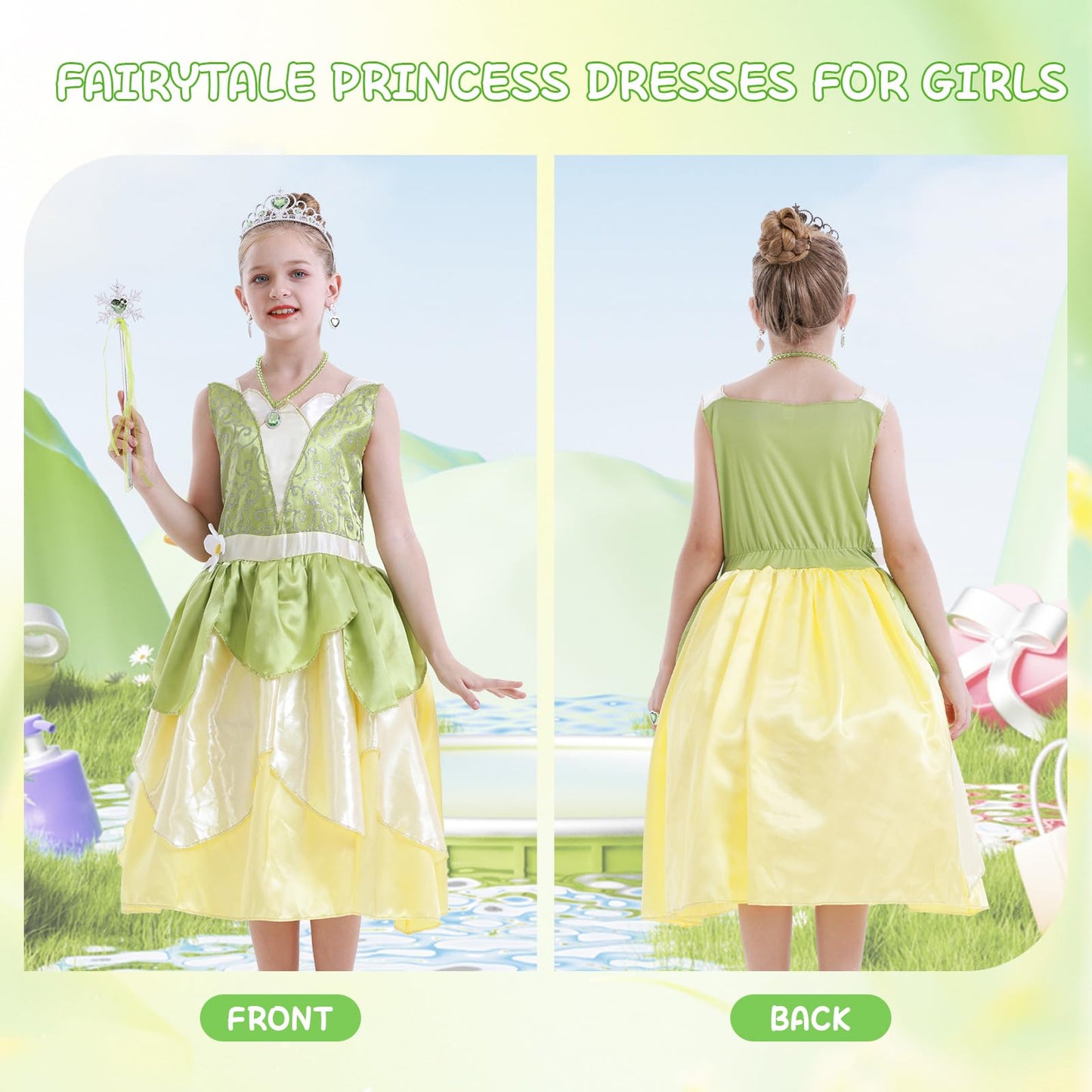 COTRIO Green Fairy Tale Princess Dress for Girls 3T (2-3 Years) | Dress Up Outfit + 6 Accessories