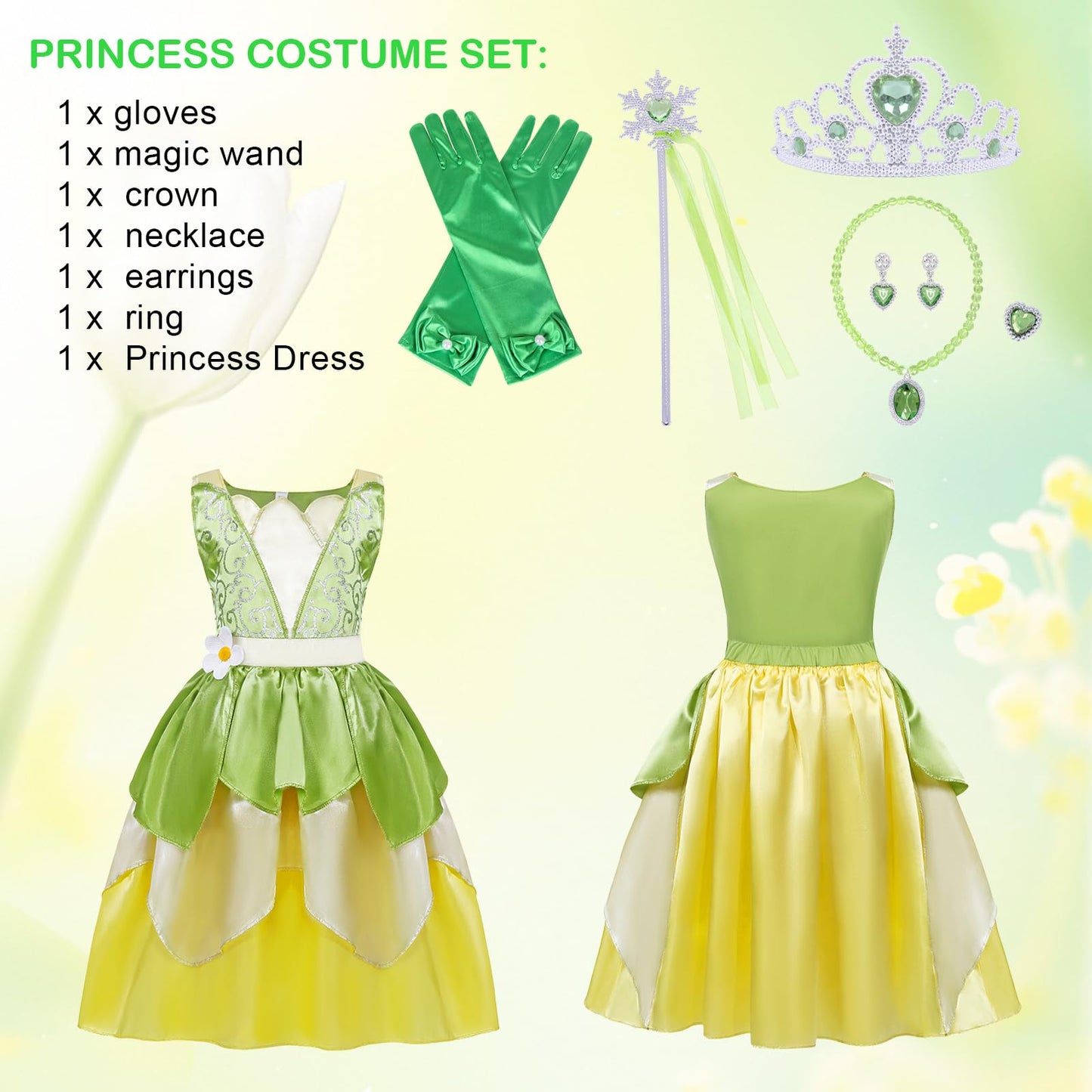 COTRIO Green Fairy Tale Princess Dress for Girls 3T (2-3 Years) | Dress Up Outfit + 6 Accessories