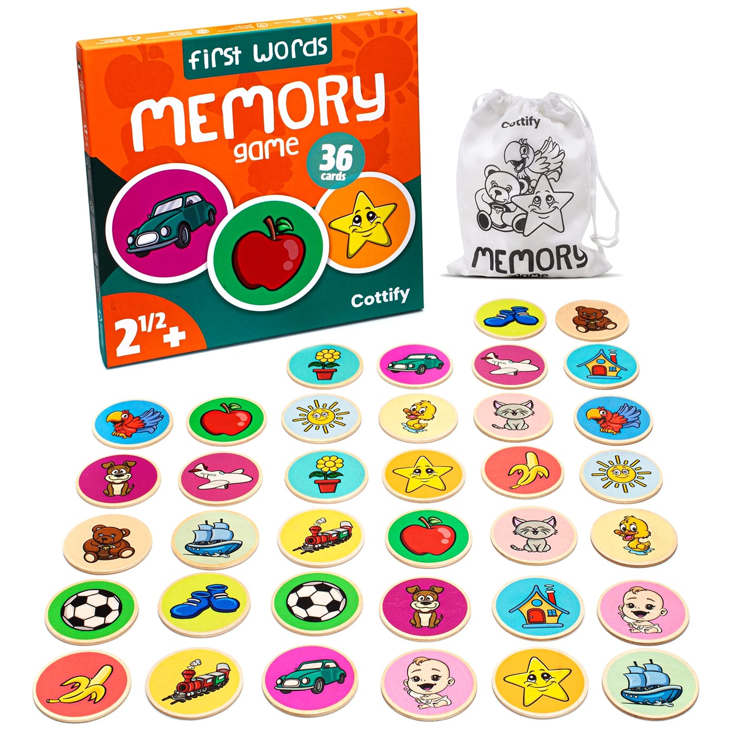 Cottify Montessori-Inspired Wooden Matching Game for Toddlers (2-4) – 36 Cards + Carry Bag