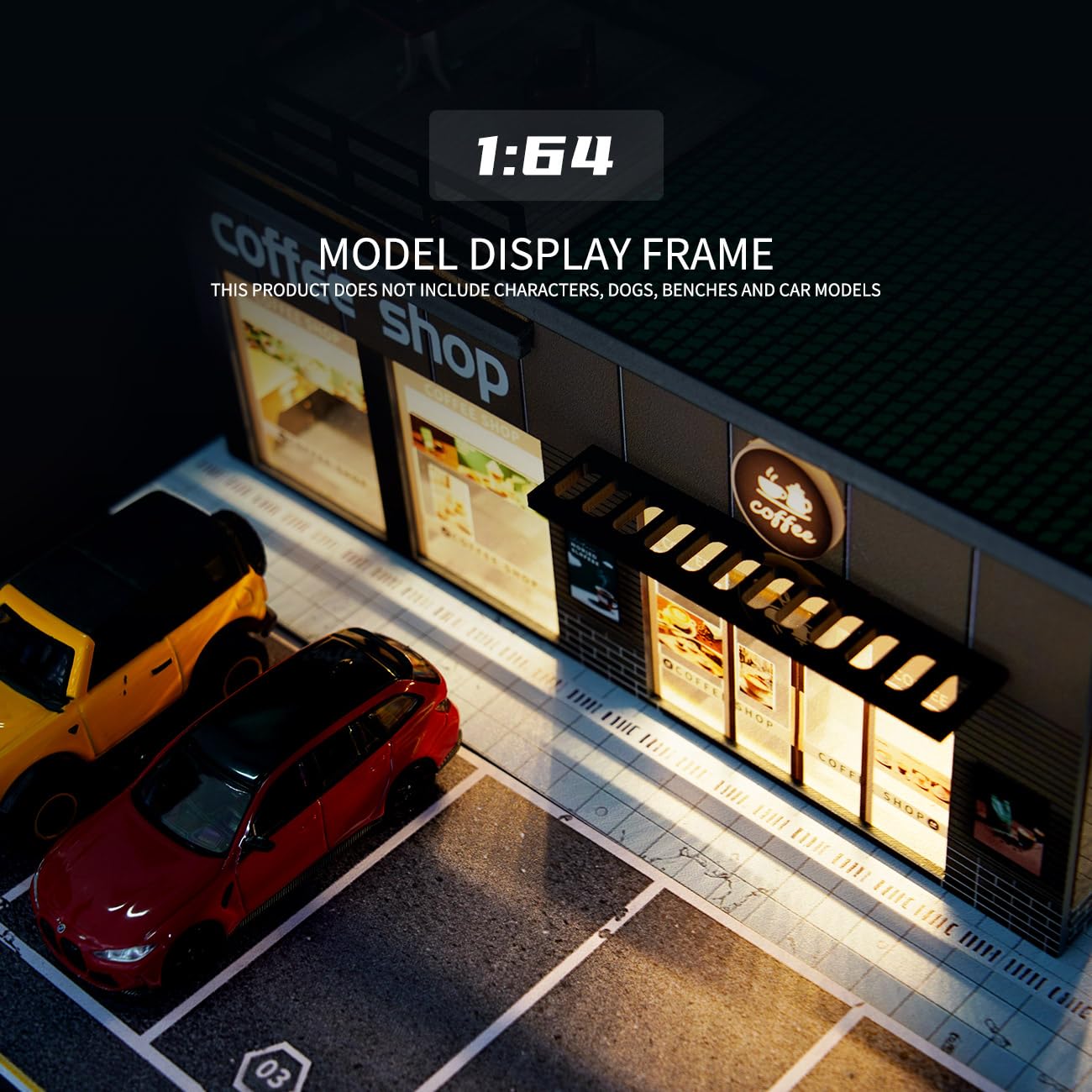 Cotymko 1/64 Diorama Garage – Coffee Shop LED Display Case for Model Cars