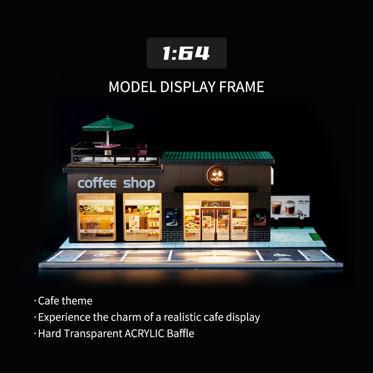 Cotymko 1/64 Diorama Garage – Coffee Shop LED Display Case for Model Cars