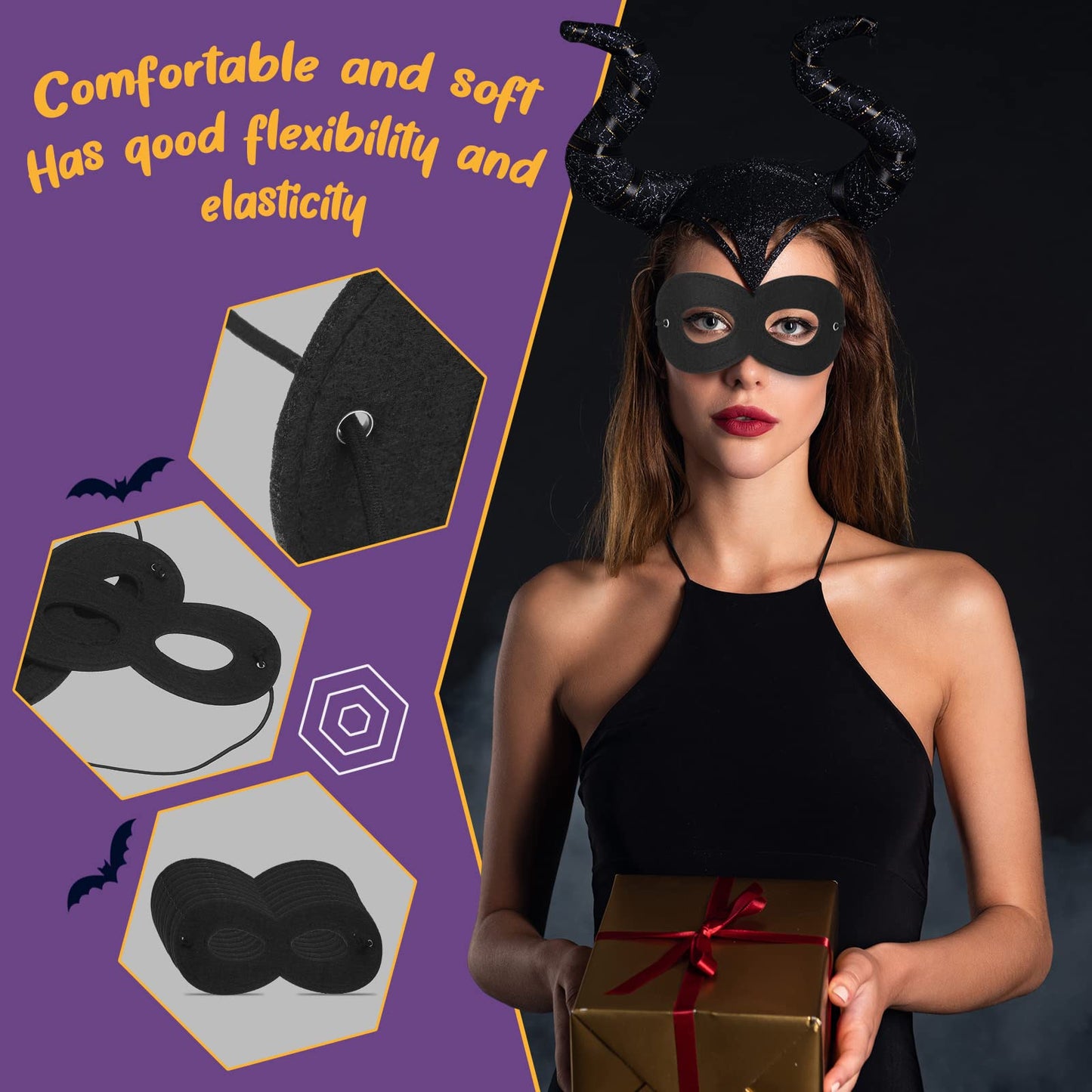 Coume 60 Pcs Halloween Black Felt Eye Masks – Adjustable Masquerade Masks for Adults