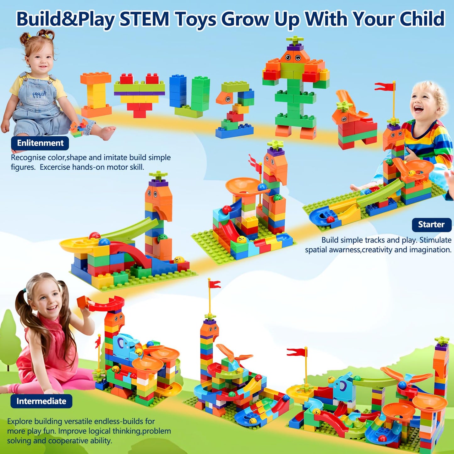 COUOMOXA Marble Run: 130pc STEM Building Set with Launcher – Educational Toys for Ages 3-9