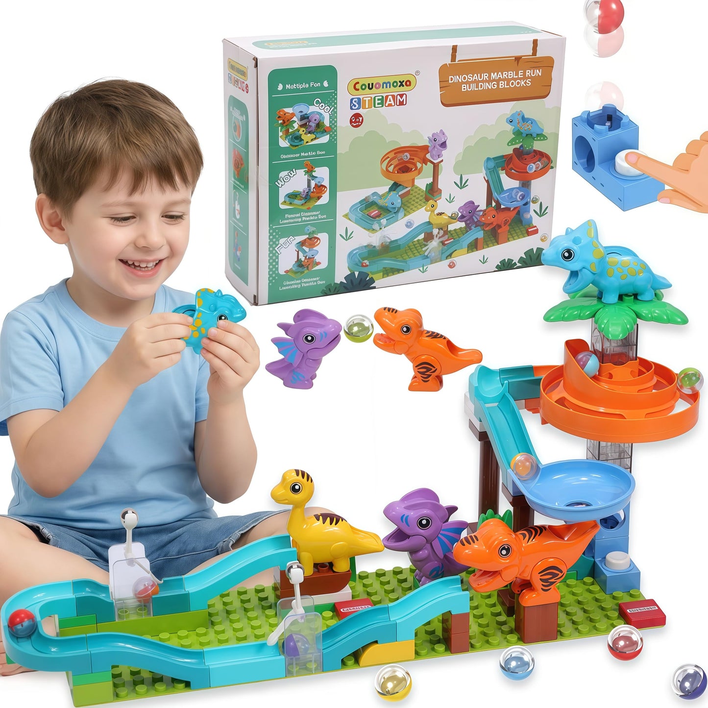 COUOMOXA Dinosaur Marble Run Building Set for Kids 3-8 | STEM Toy & 5-in-1 Play Kit