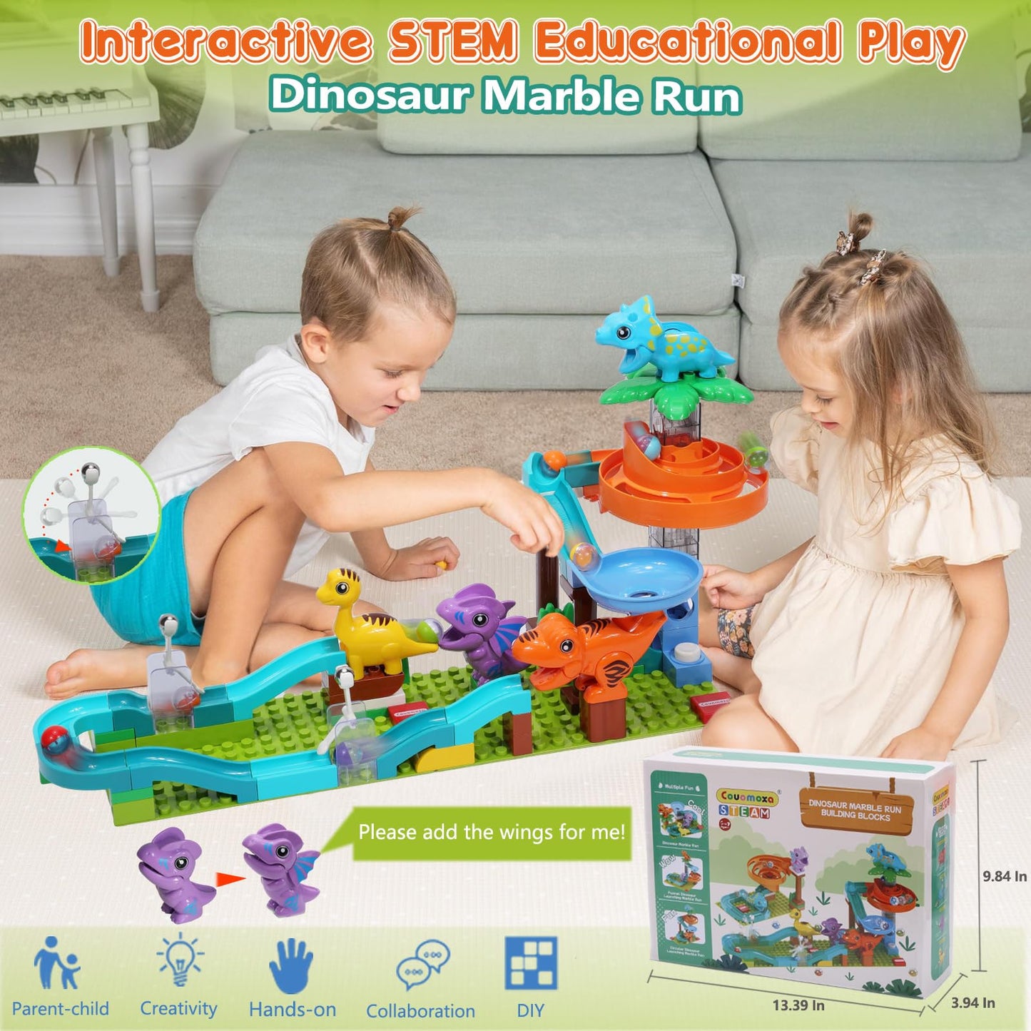 COUOMOXA Dinosaur Marble Run Building Set for Kids 3-8 | STEM Toy & 5-in-1 Play Kit