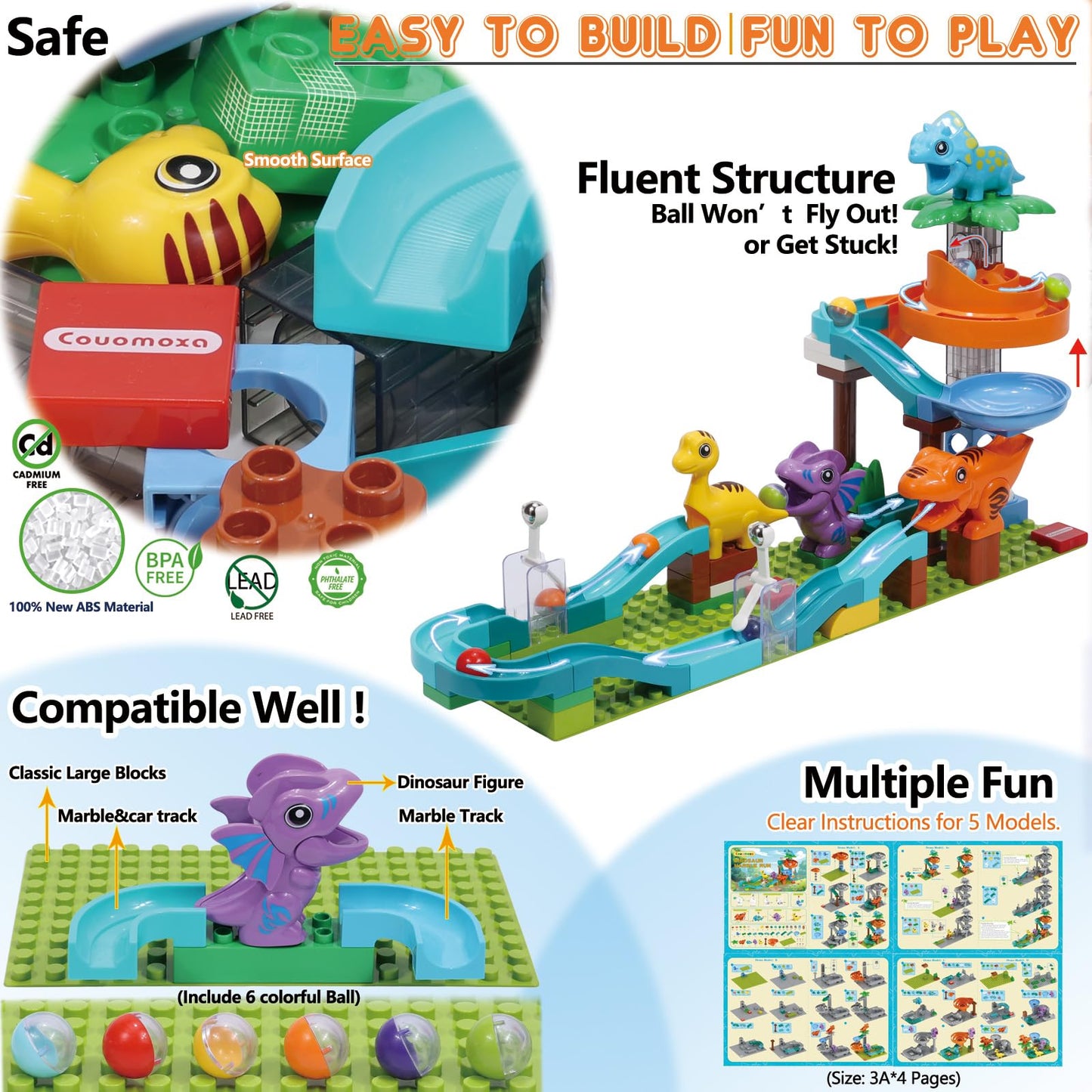 COUOMOXA Dinosaur Marble Run Building Set for Kids 3-8 | STEM Toy & 5-in-1 Play Kit