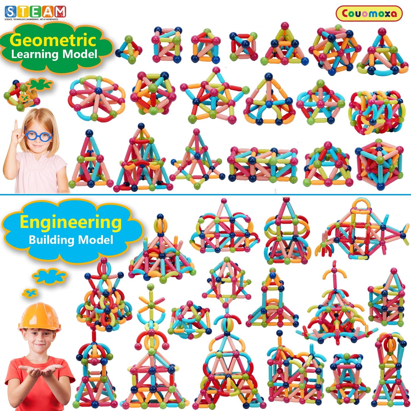 COUOMOXA Magnetic Toy Montessori Kit — 132-Piece STEM Builder for Ages 3–12