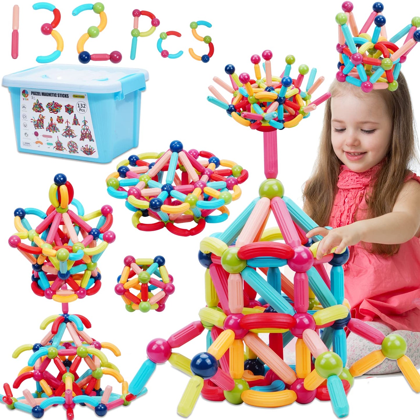 COUOMOXA Magnetic Toy Montessori Kit — 132-Piece STEM Builder for Ages 3–12