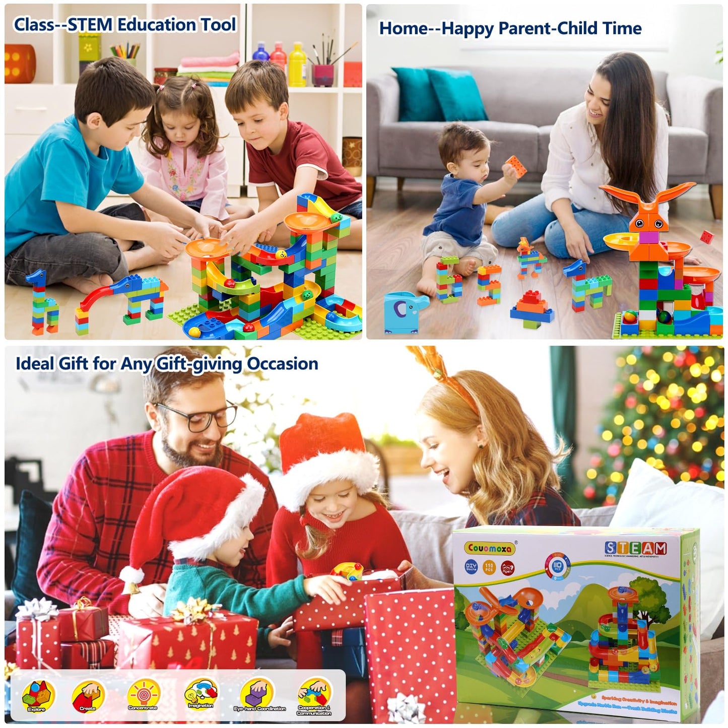 COUOMOXA Marble Run Building Set — STEM Blocks Compatible with Classic Bricks (Ages 3–8+)