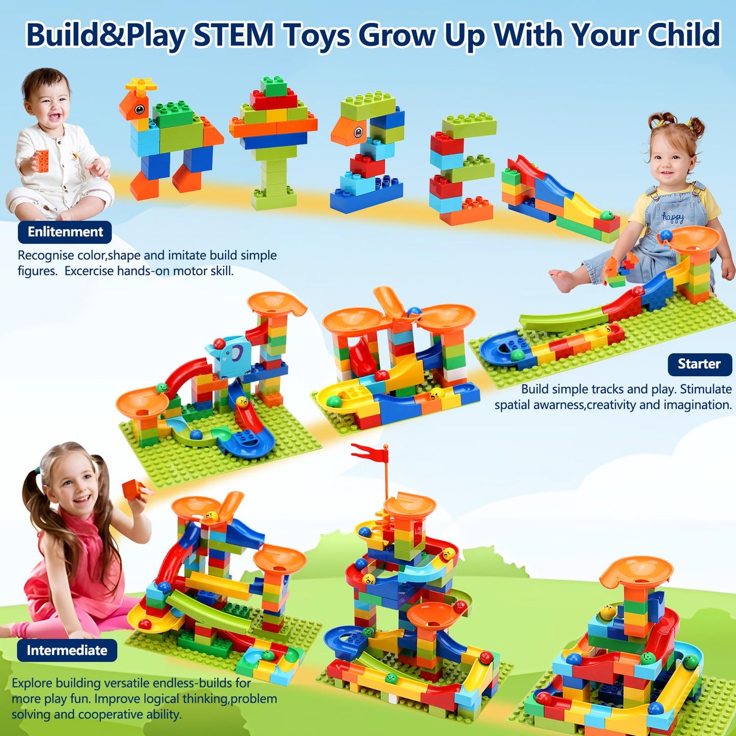 COUOMOXA Marble Run Building Set — STEM Blocks Compatible with Classic Bricks (Ages 3–8+)