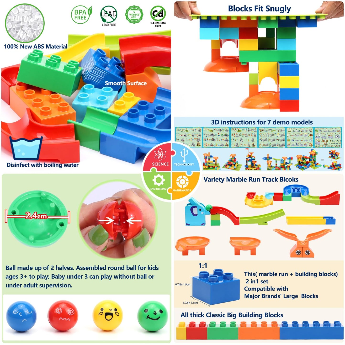 COUOMOXA Marble Run Building Set — STEM Blocks Compatible with Classic Bricks (Ages 3–8+)