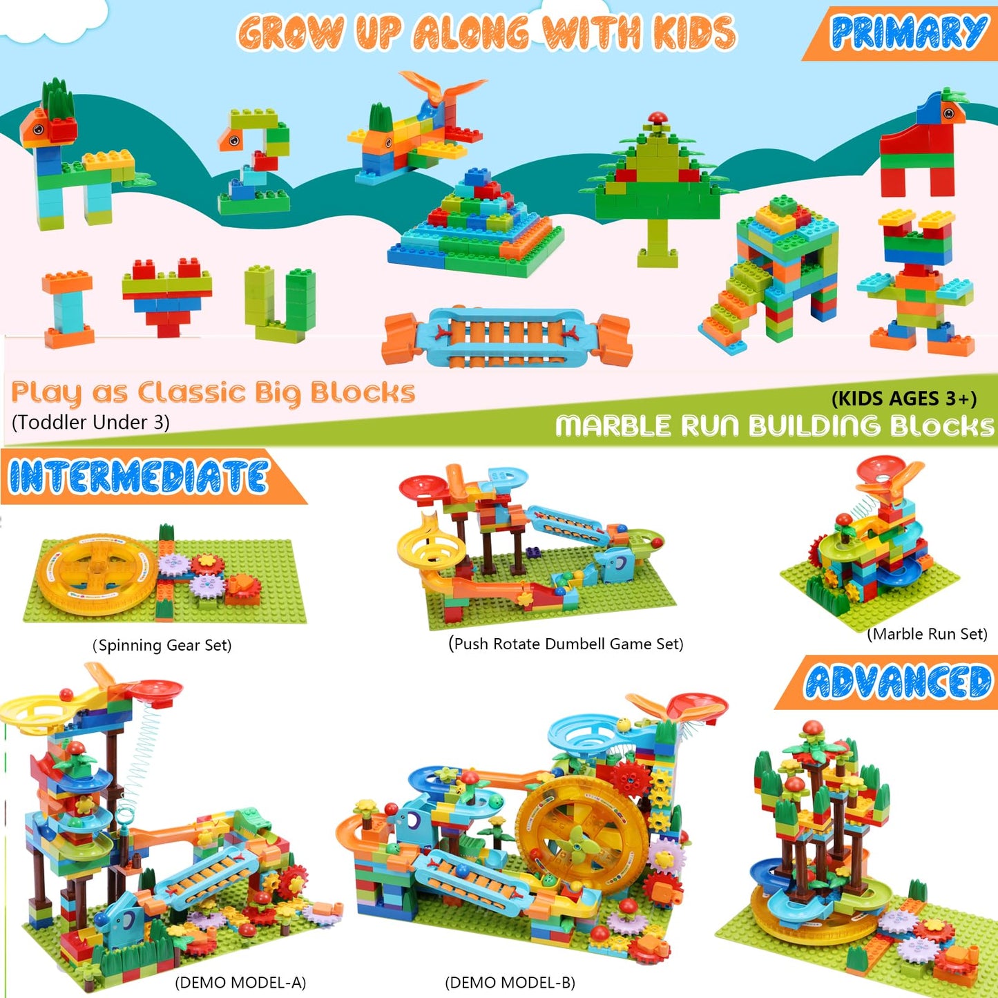 COUOMOXA Marble Run Building Blocks – 233-Piece STEM Toy for Kids 3–8