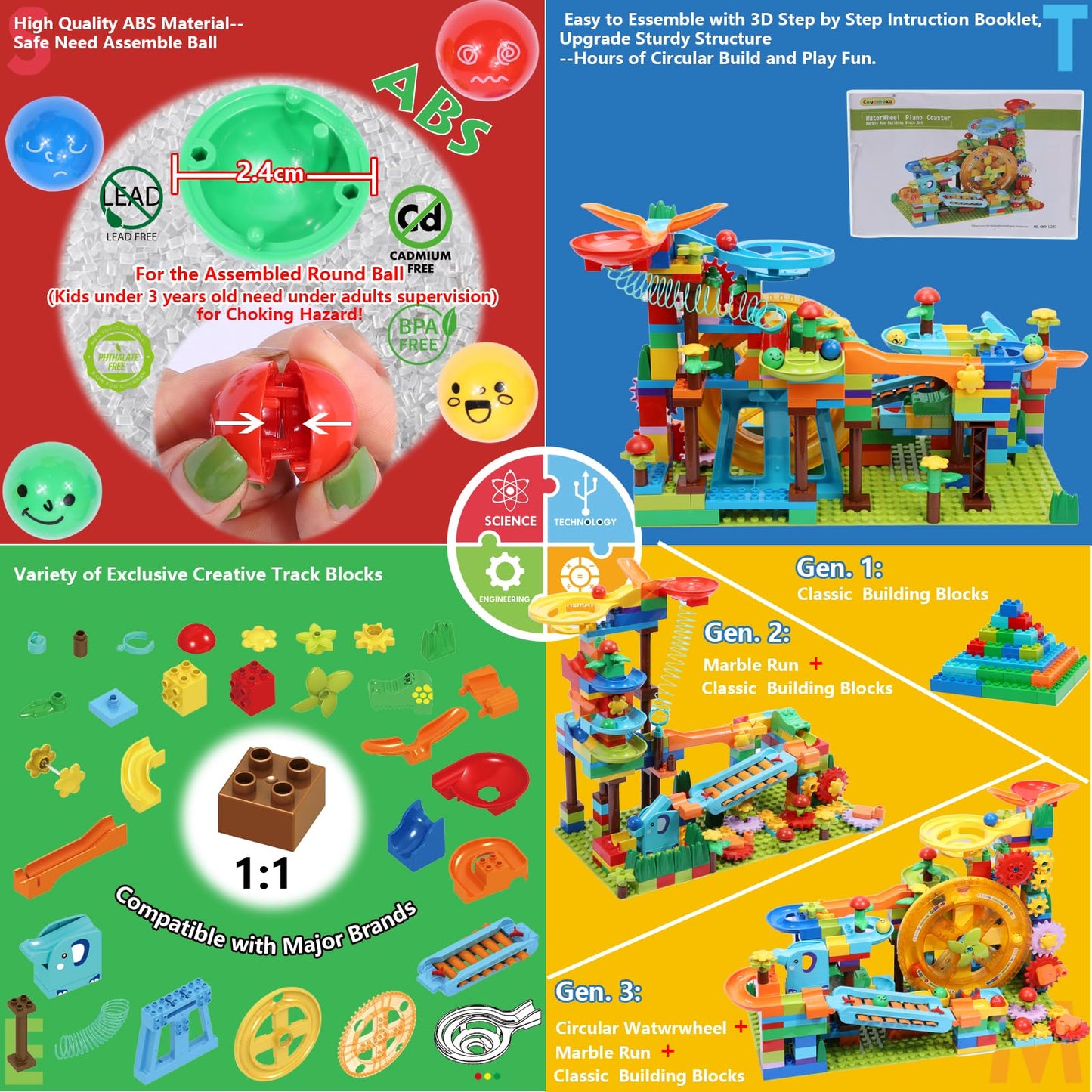 COUOMOXA Marble Run Building Blocks – 233-Piece STEM Toy for Kids 3–8
