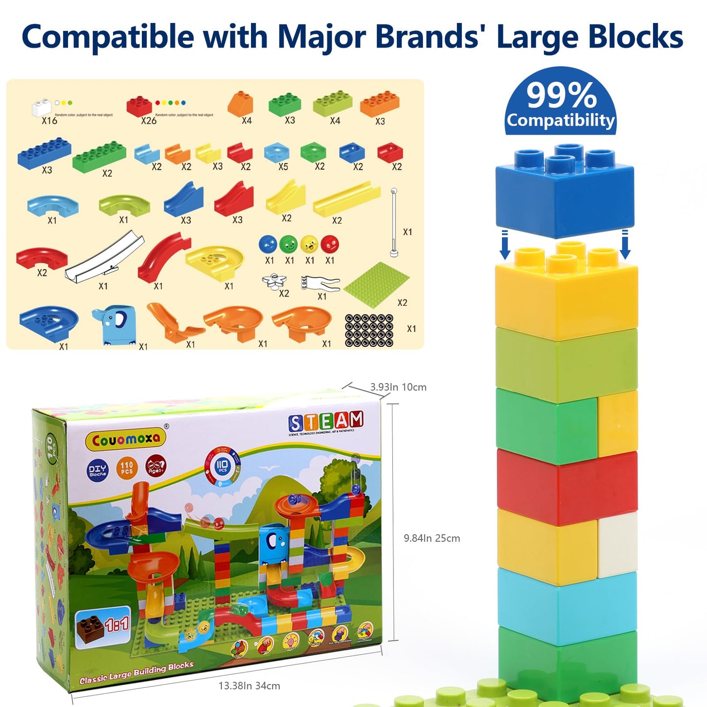 COUOMOXA Marble Run Building Set — STEM Blocks Compatible with Classic Bricks (Ages 3–8+)