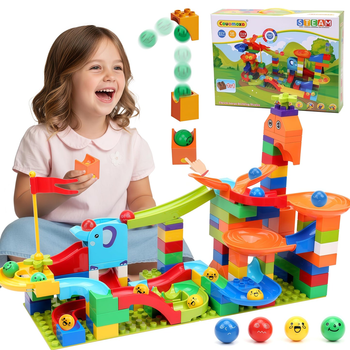 COUOMOXA Marble Run: 130pc STEM Building Set with Launcher – Educational Toys for Ages 3-9