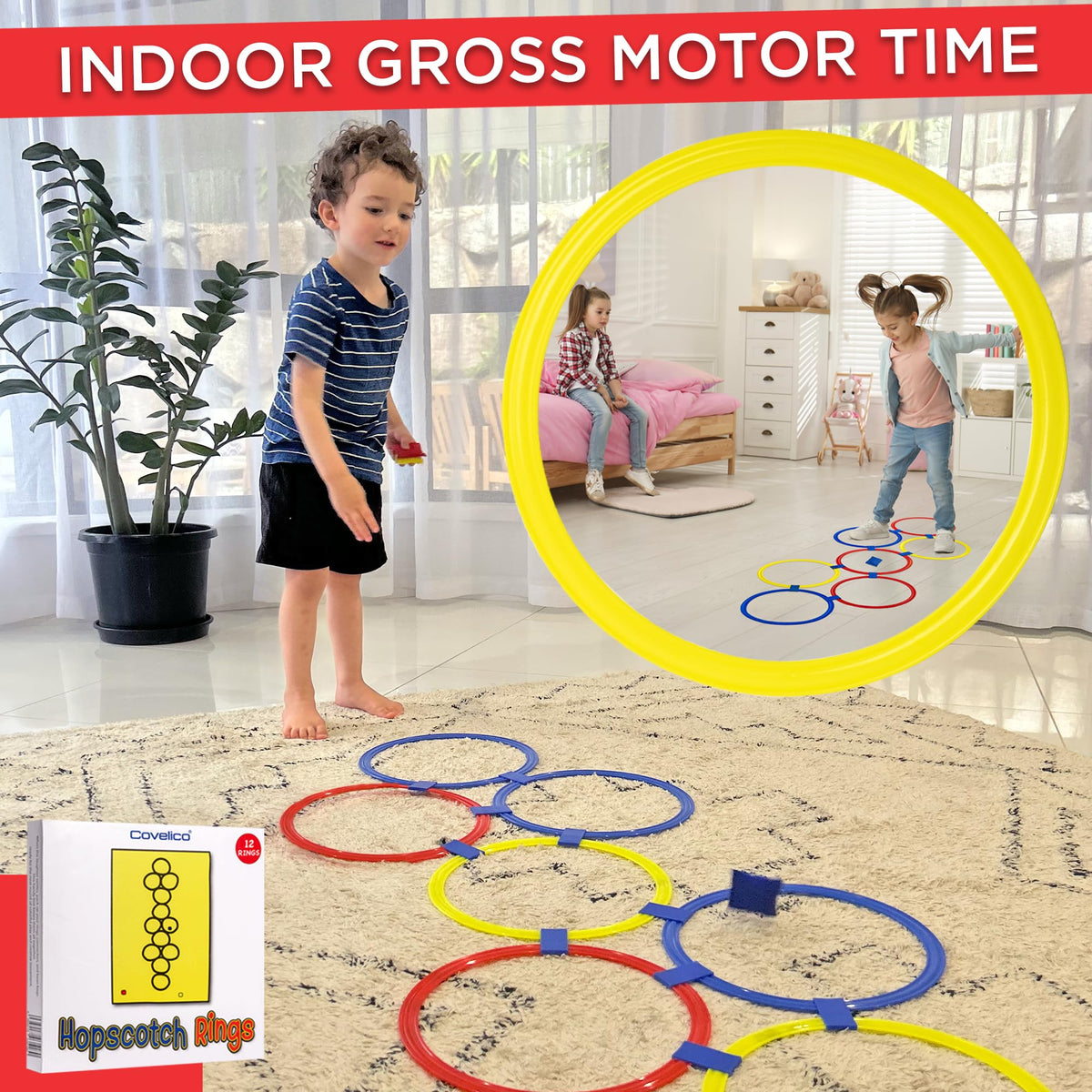 Covelico Hopscotch Rings — 12x11 Inch Set with 3 Bean Bags for Indoor & Outdoor Active Play