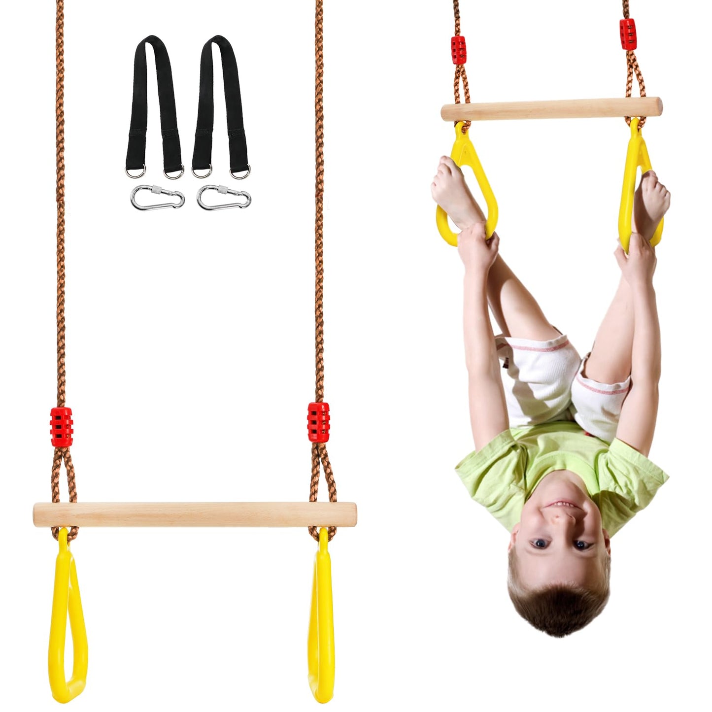 Covzoe Trapeze Bar — 16-Inch Adjustable Wooden Swing Set with Rings