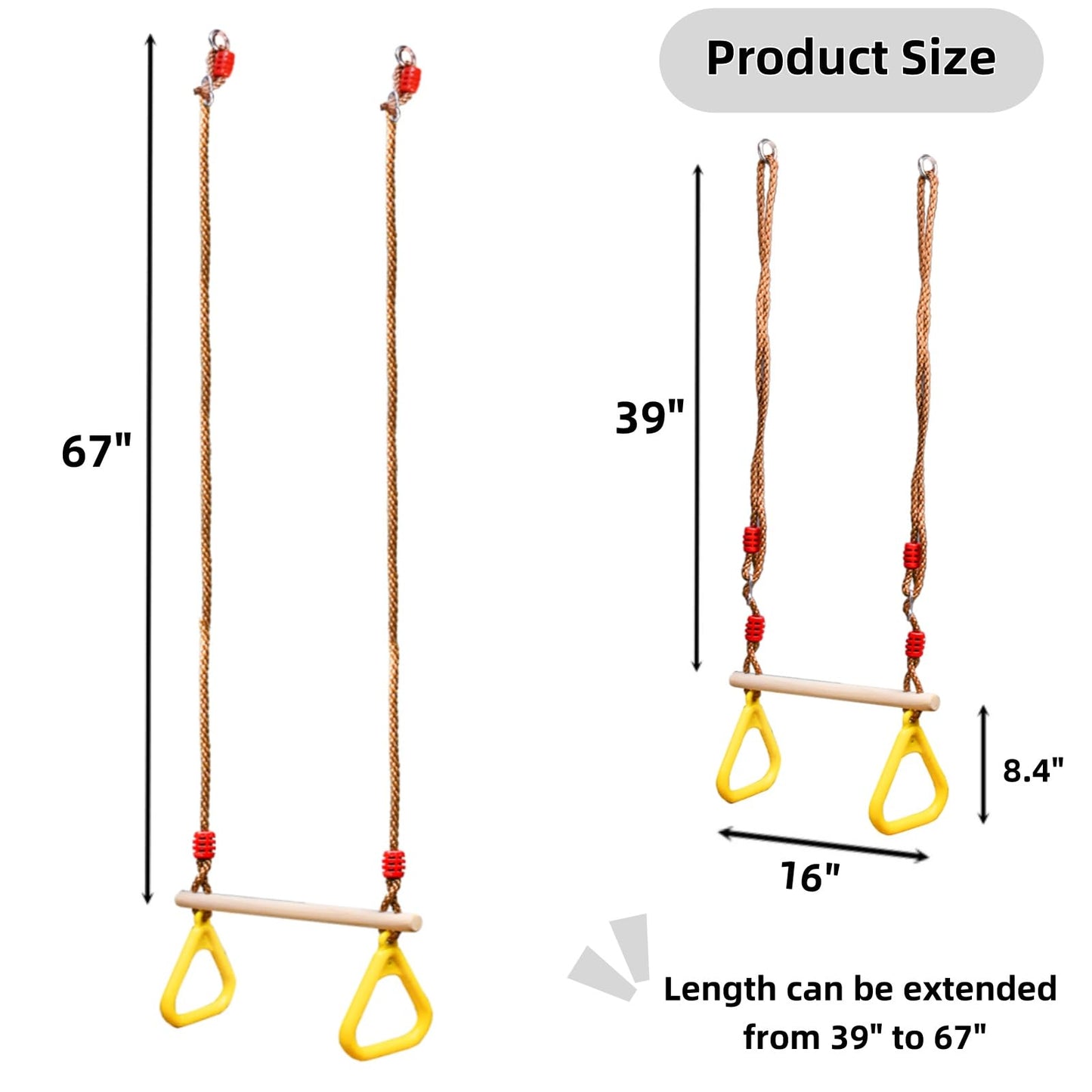 Covzoe Trapeze Bar — 16-Inch Adjustable Wooden Swing Set with Rings