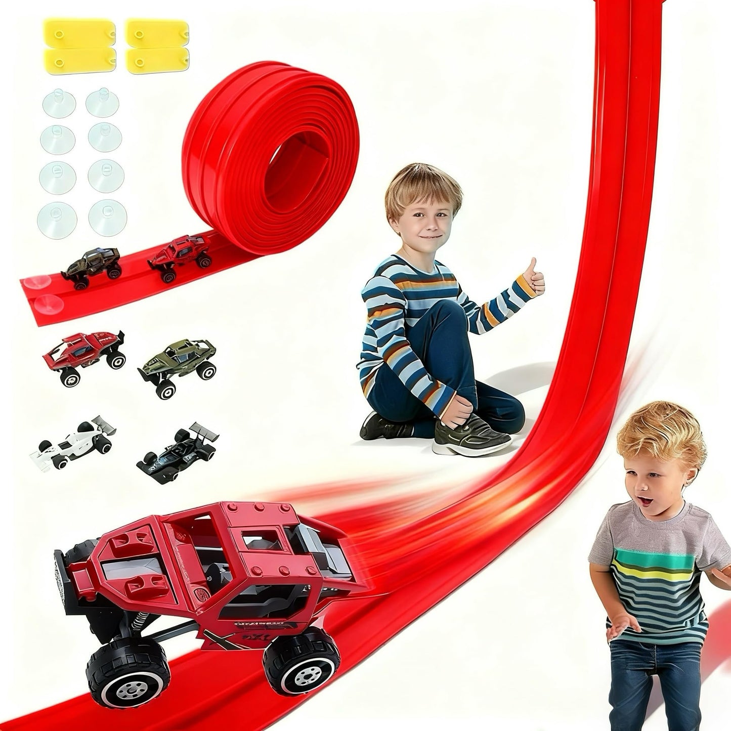 Coyban 16 Ft Race Track Toys for Kids – Flexible Track, 4 Cars, Suction Cups, 1/64 Scale