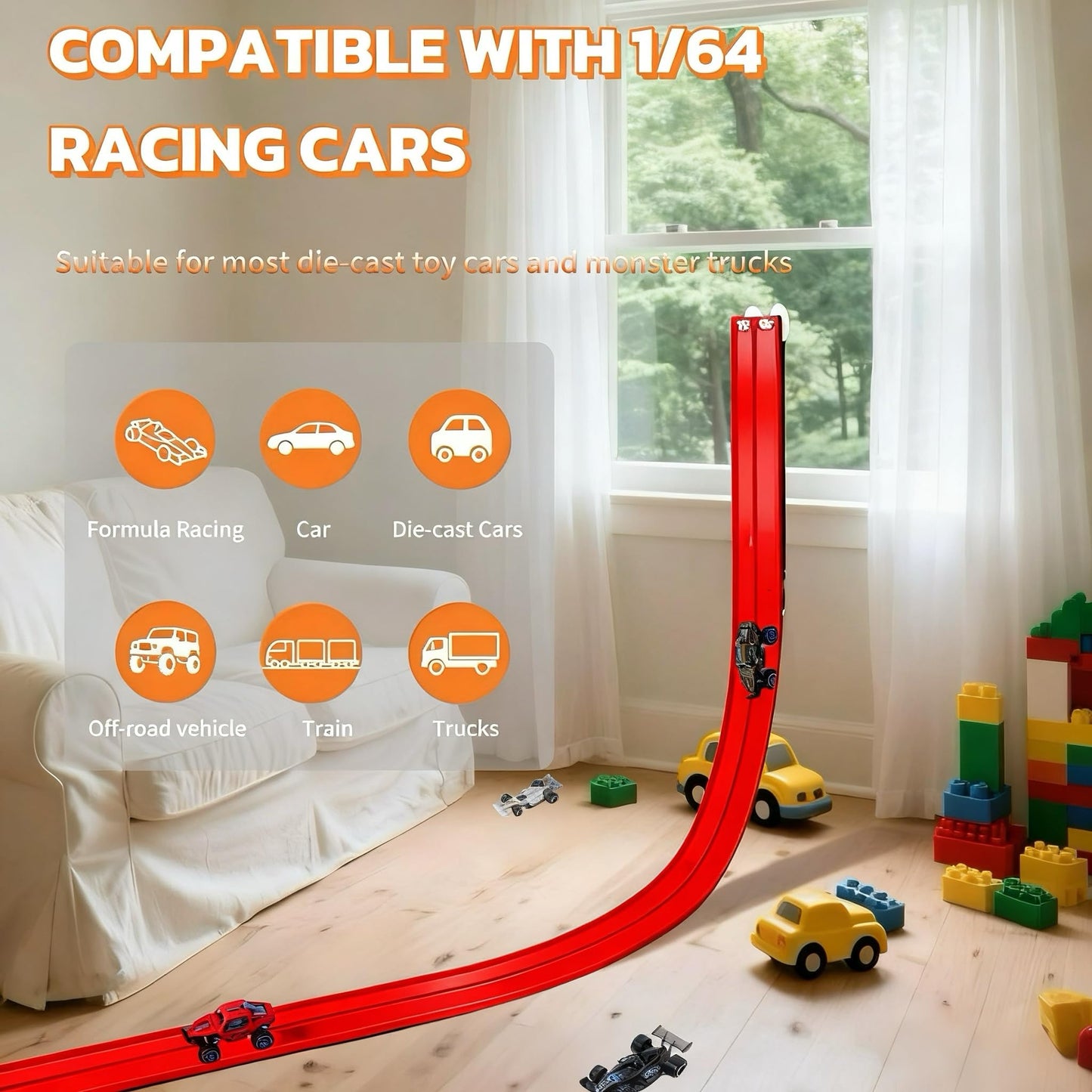 Coyban 16 Ft Race Track Toys for Kids – Flexible Track, 4 Cars, Suction Cups, 1/64 Scale