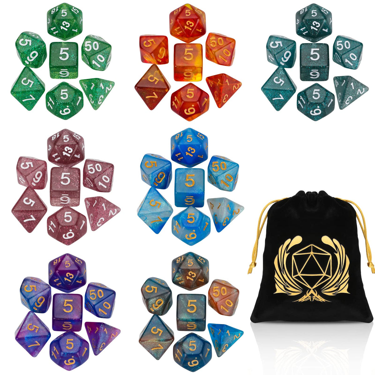Coyeekn 7x7 DND Dice Set – 49 Polyhedral Dice with Pouch for D&D & Tabletop RPG
