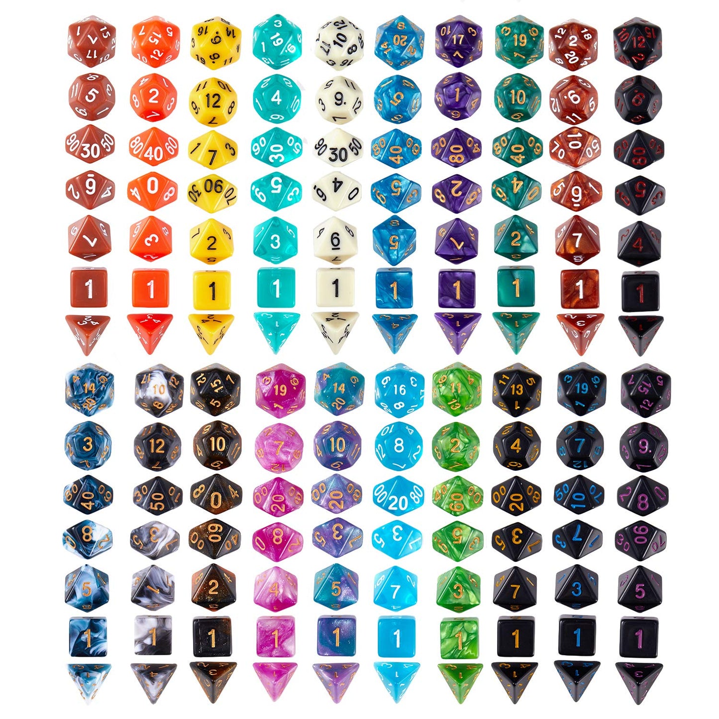 Coyeekn DND Dice Set — 140-Piece Polyhedral Dice in 20 Colors with Large Velvet Drawstring Bag