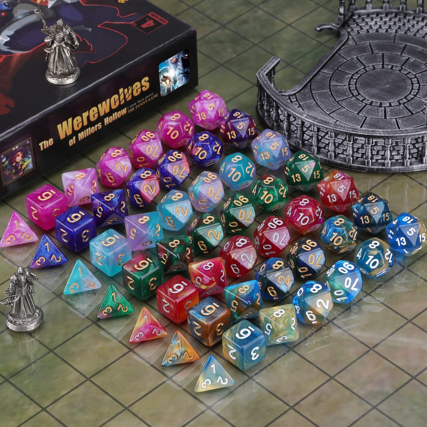 Coyeekn DND Dice Set – Glitter Polyhedral Dice, 7 Sets (49 Pieces) with Pouch