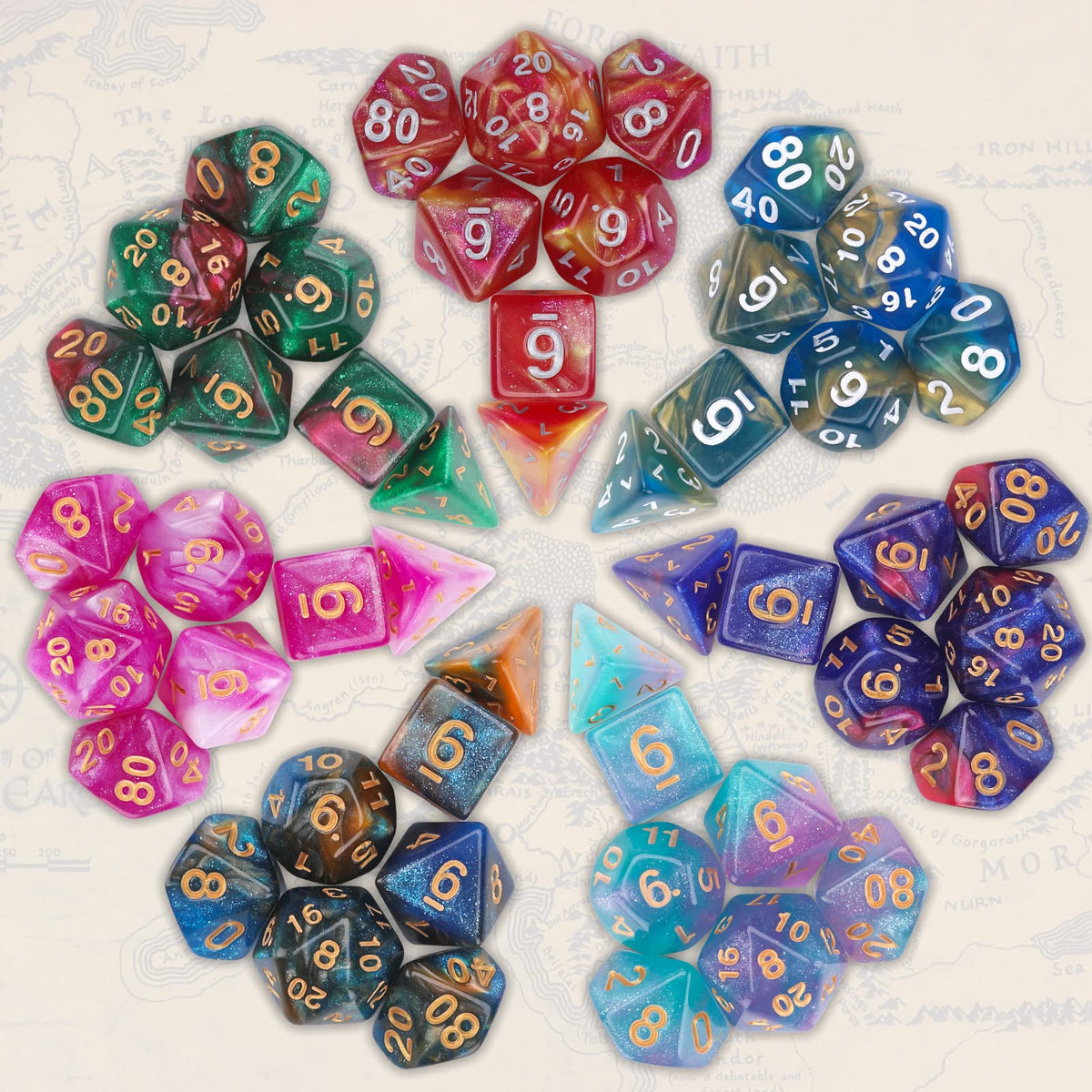 Coyeekn DND Dice Set – Glitter Polyhedral Dice, 7 Sets (49 Pieces) with Pouch